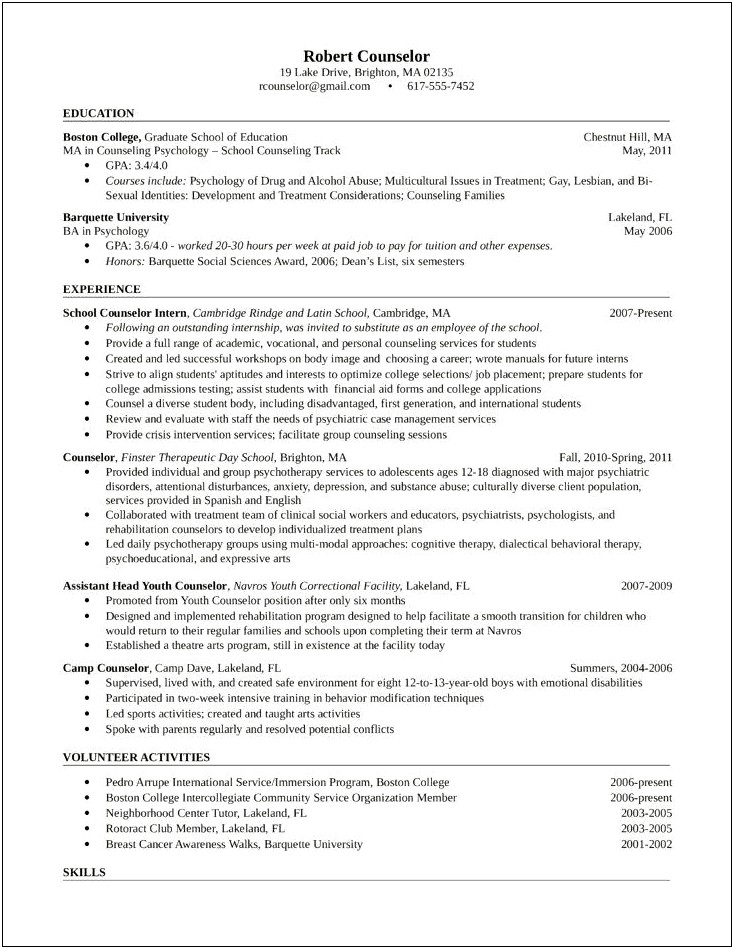 College Counselor Resume With No Experience
