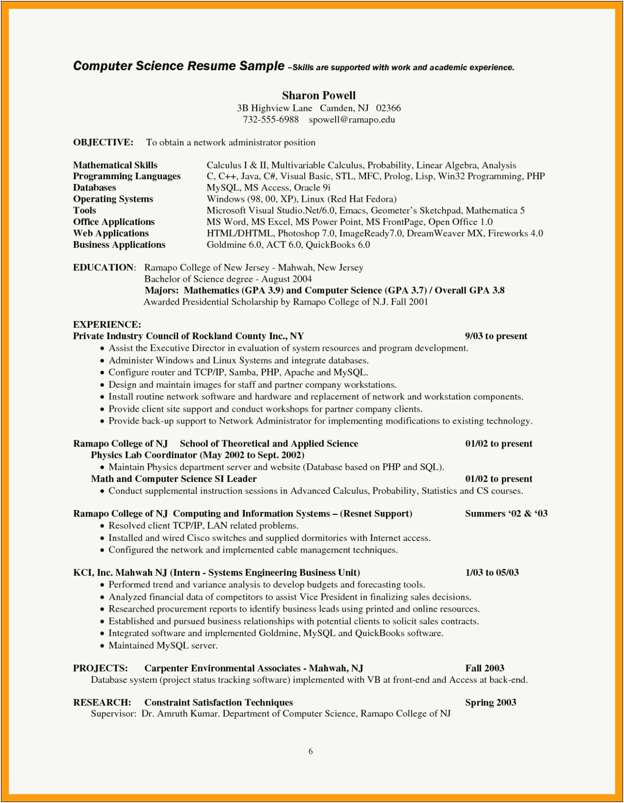 College Database Project Resume Example