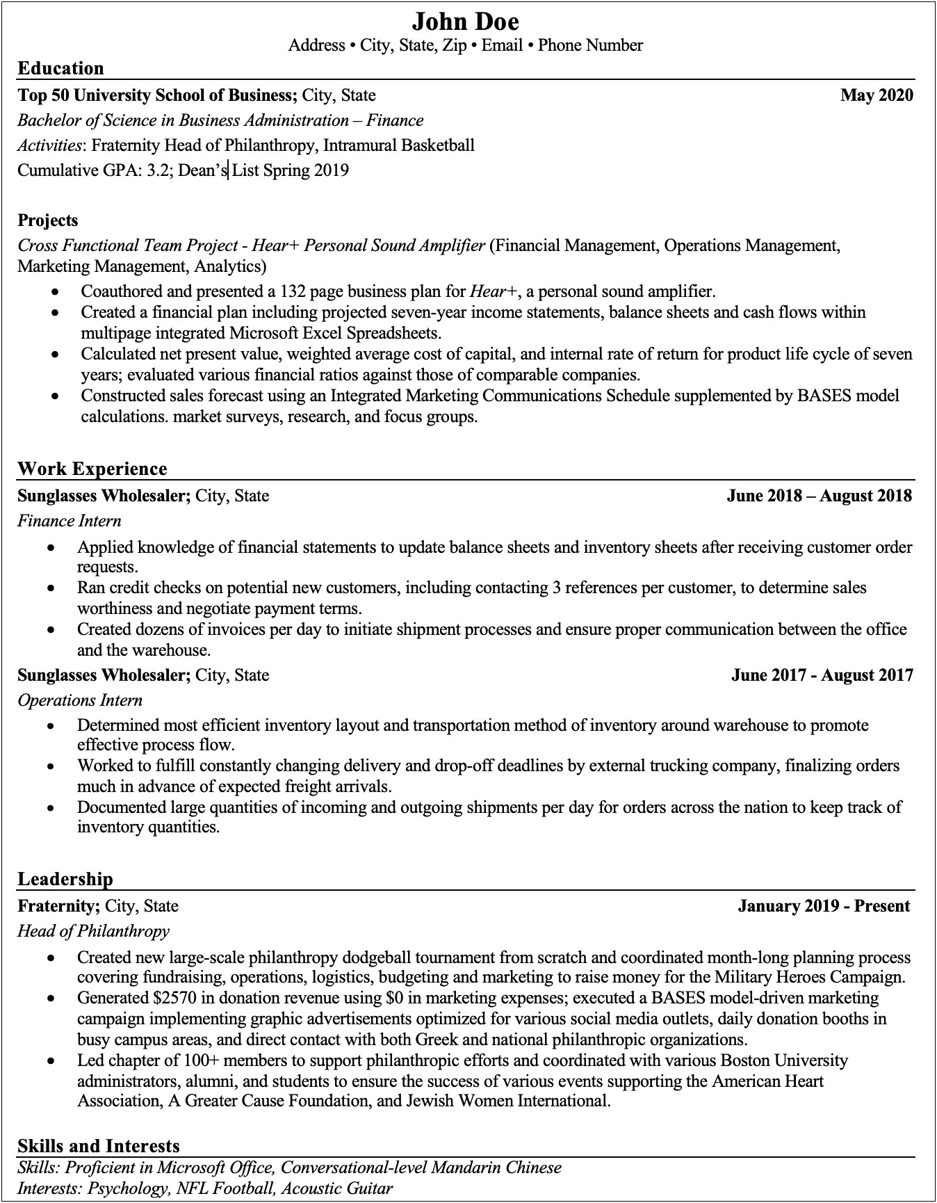 College Finance Student Resume Examples