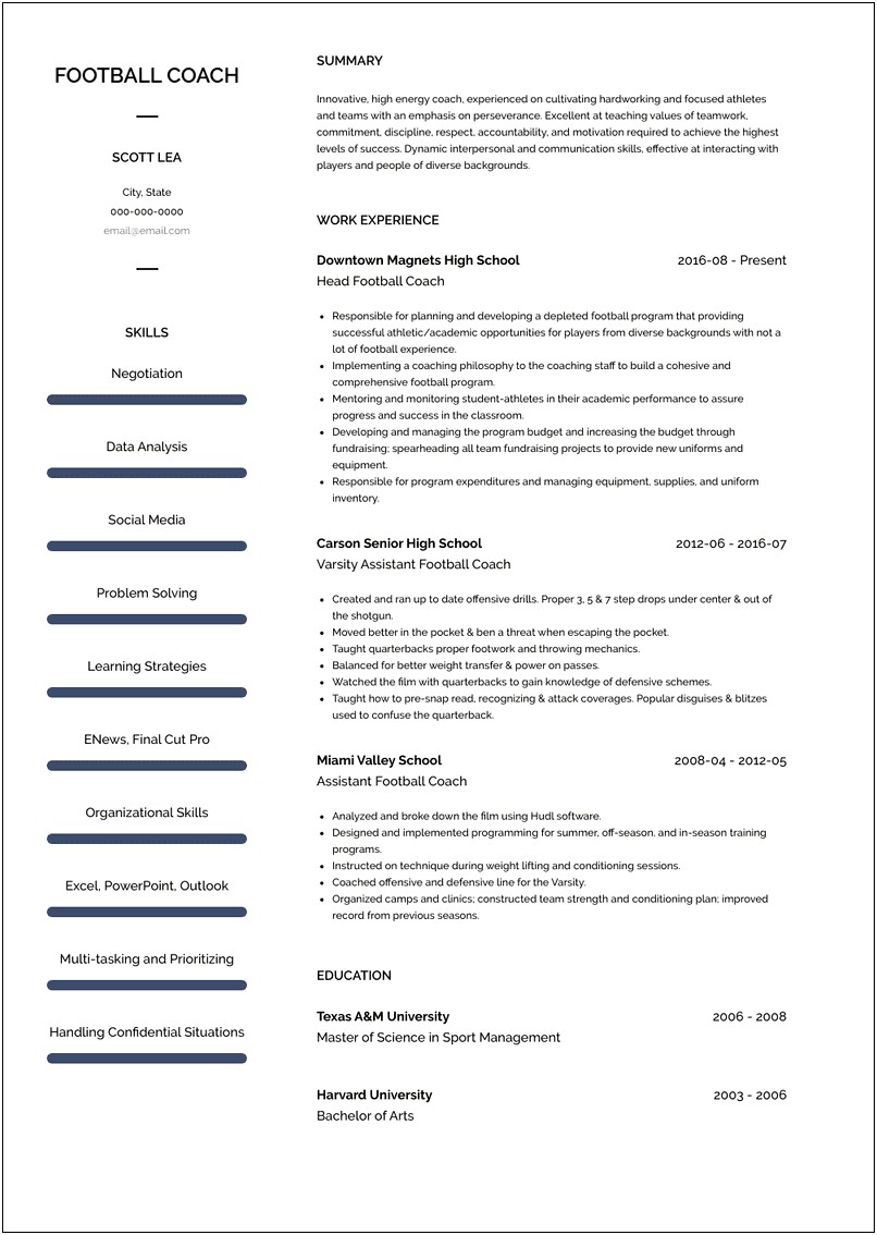 College Football Coach Resume Example