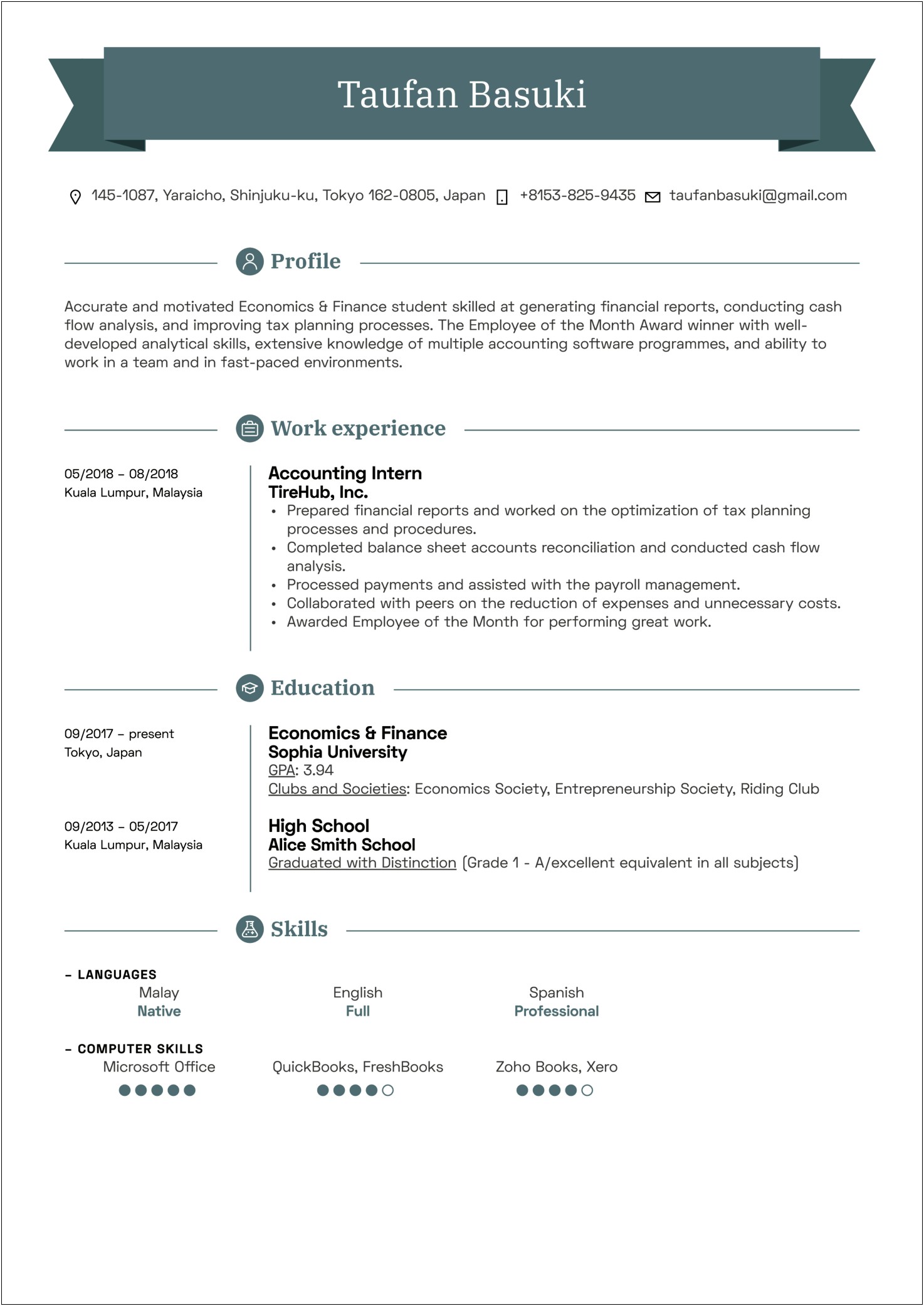 College Internship Resume Summary Example
