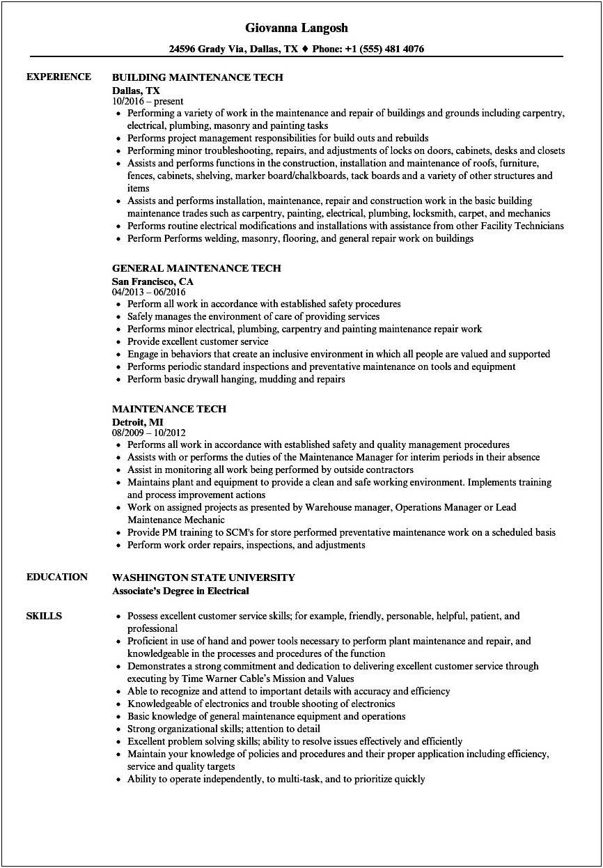 College Objective Maintenance Technician Resume