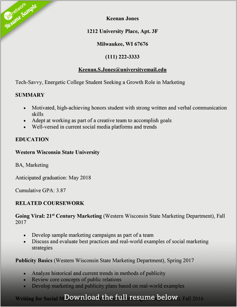 College Part Time Job Resume