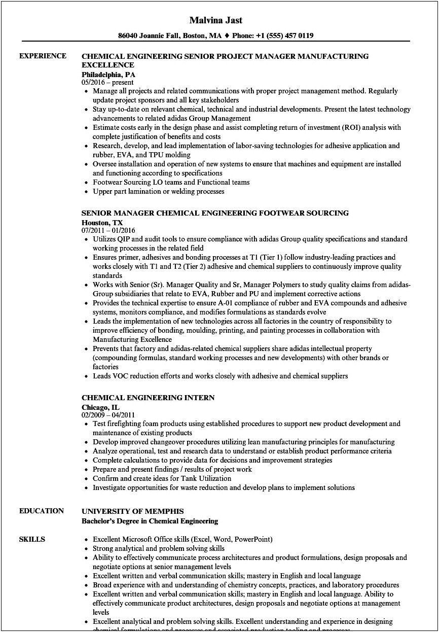 College Resume Example Chemical Engineering