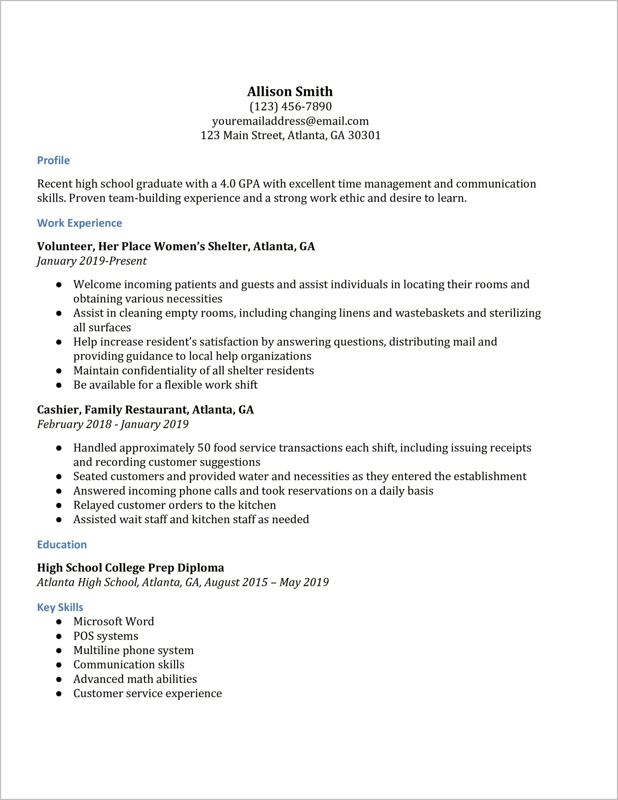 College Resume For High School Seniors Examples
