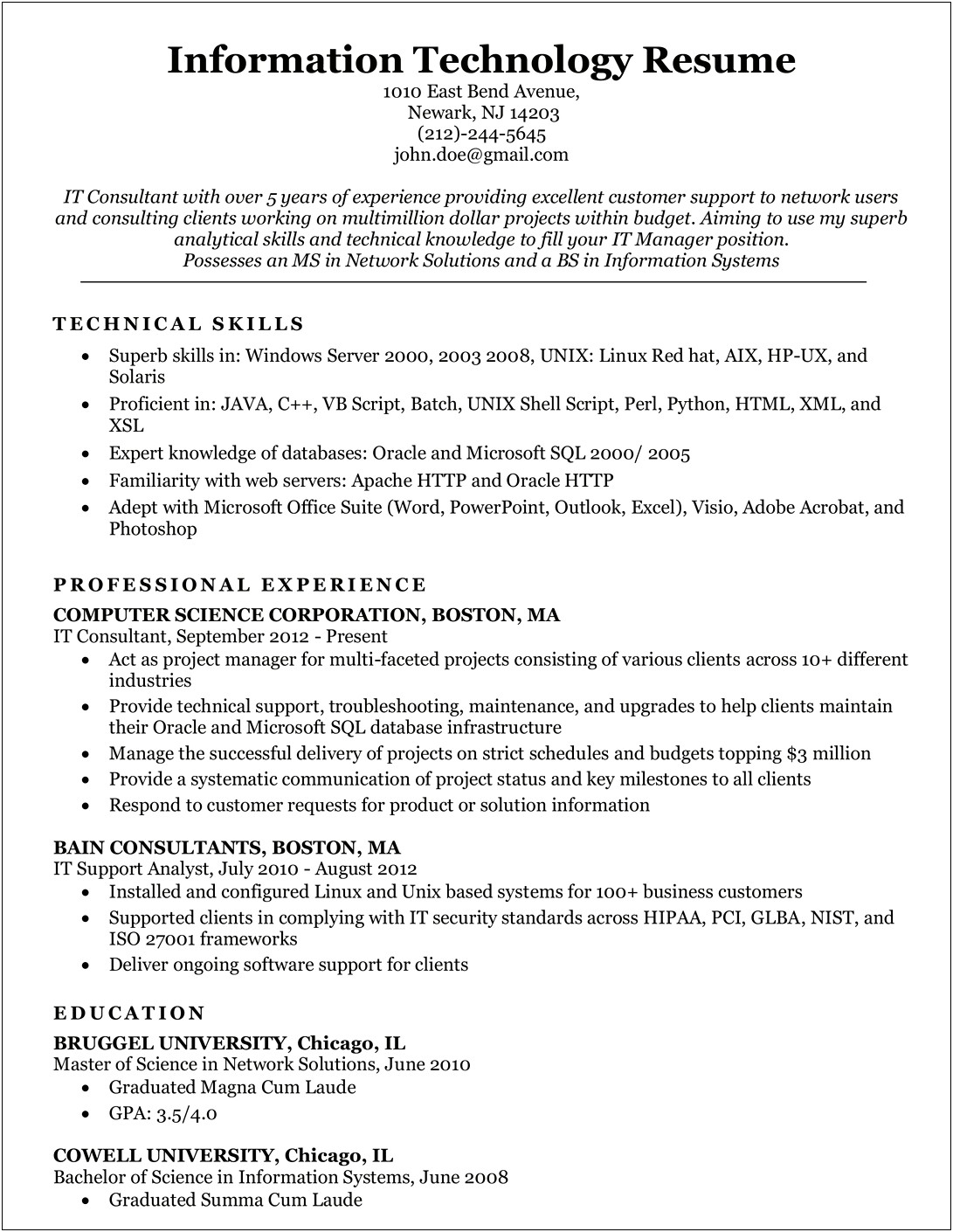 College Resume Information Technology Example