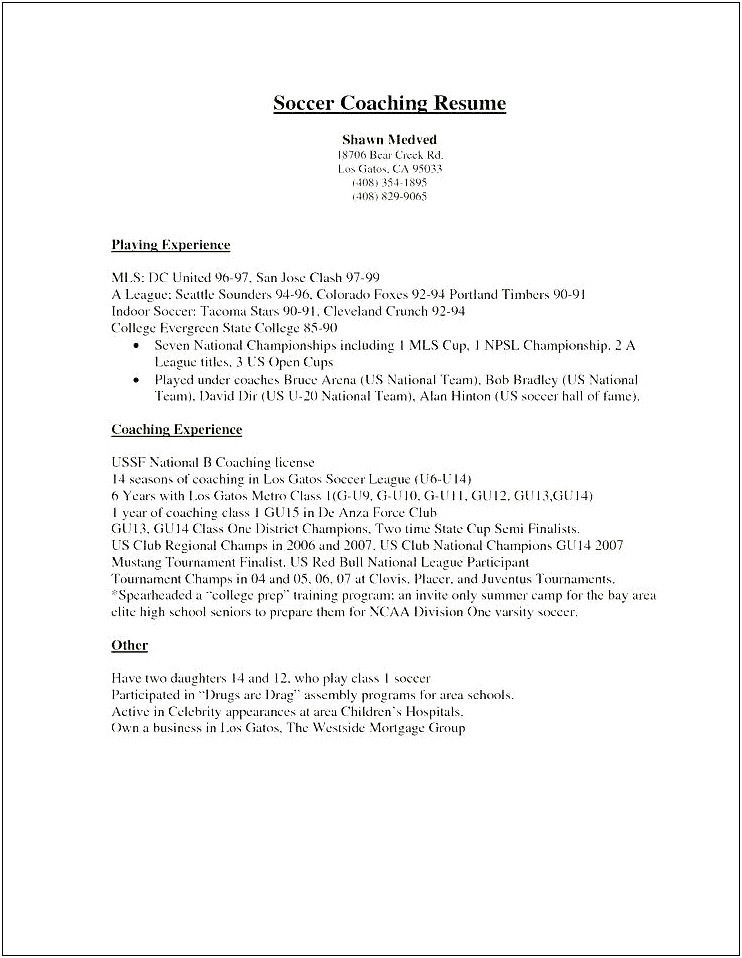 College Soccer Coach Resume Example