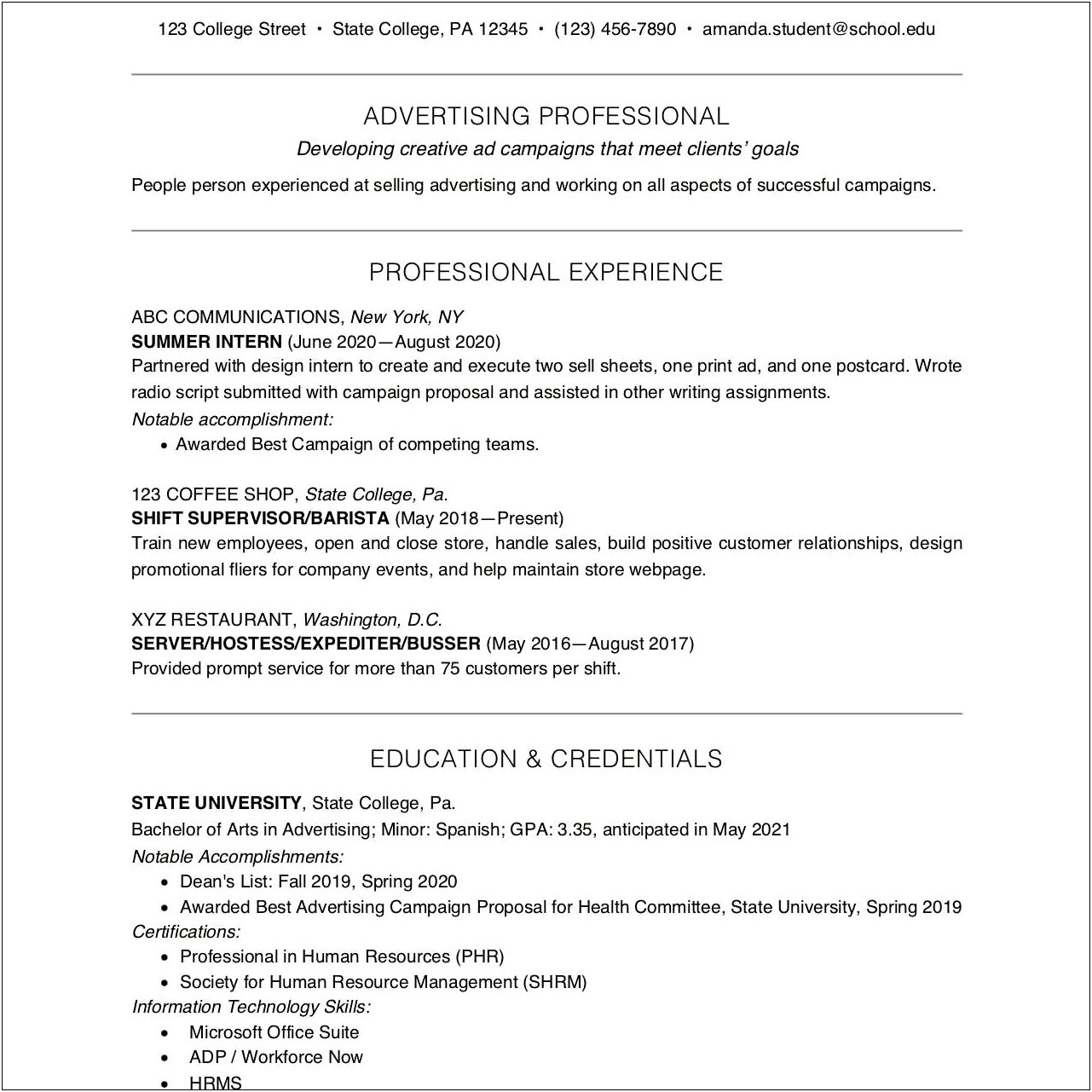 College Student Business Resume Examples