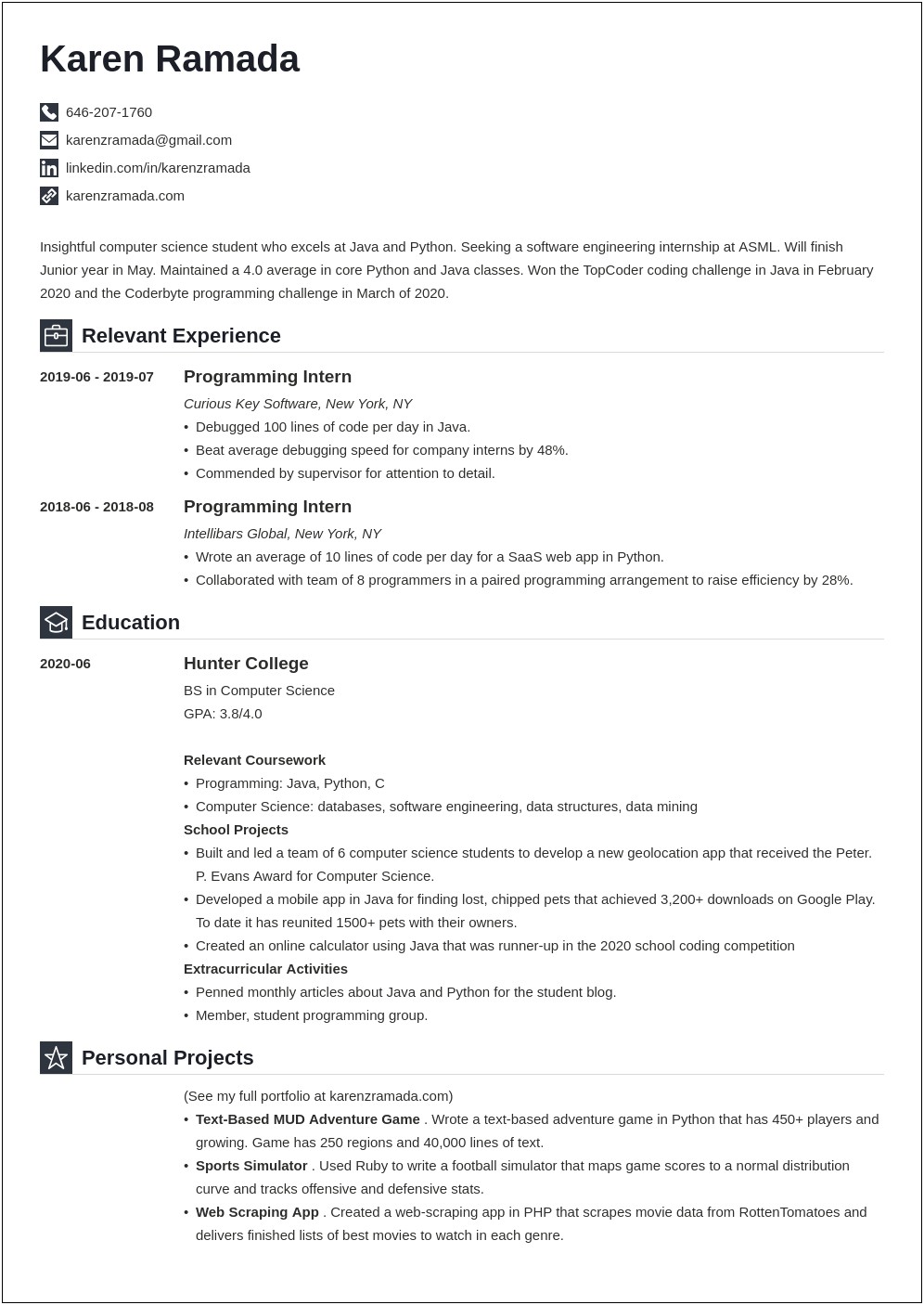 College Student Resume Example Computer Science