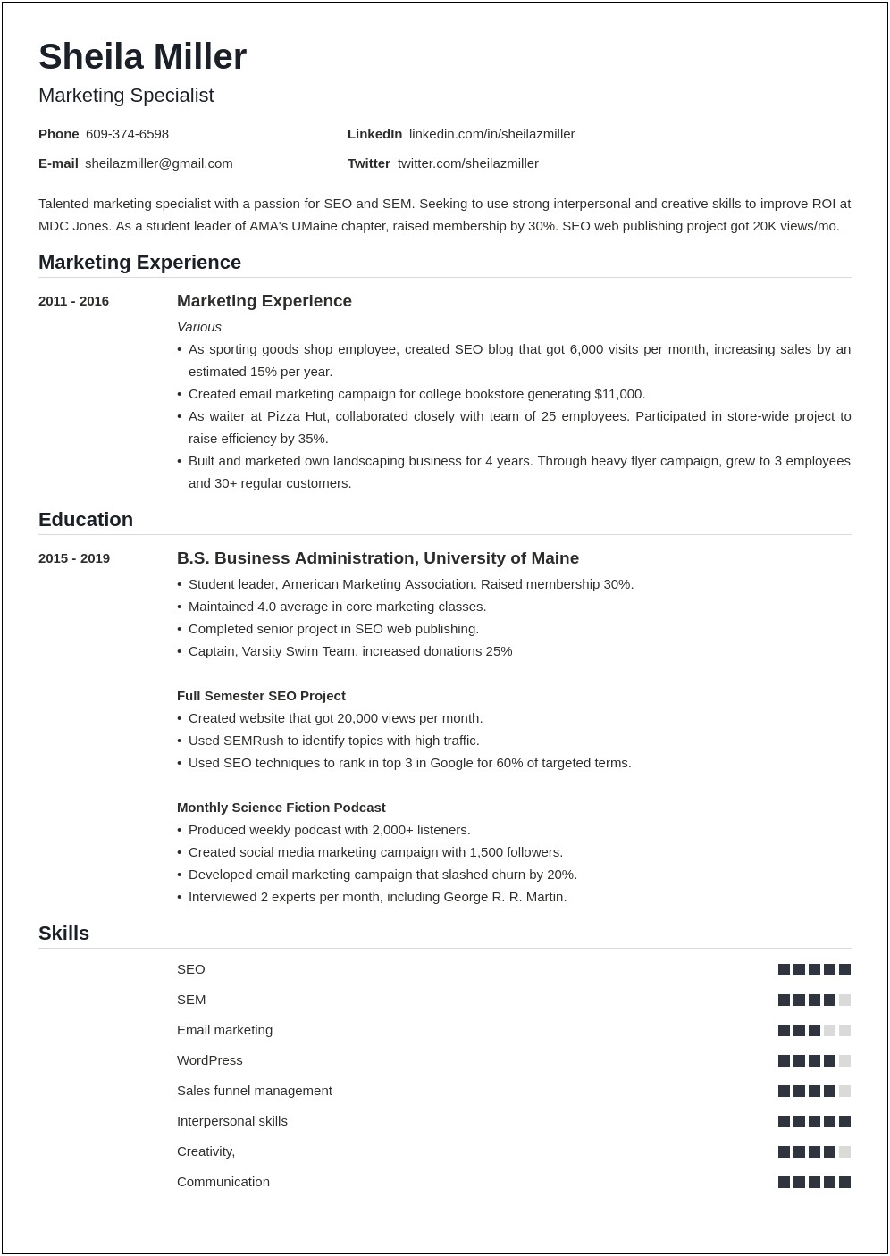 College Student Resume Examples For Summer Job
