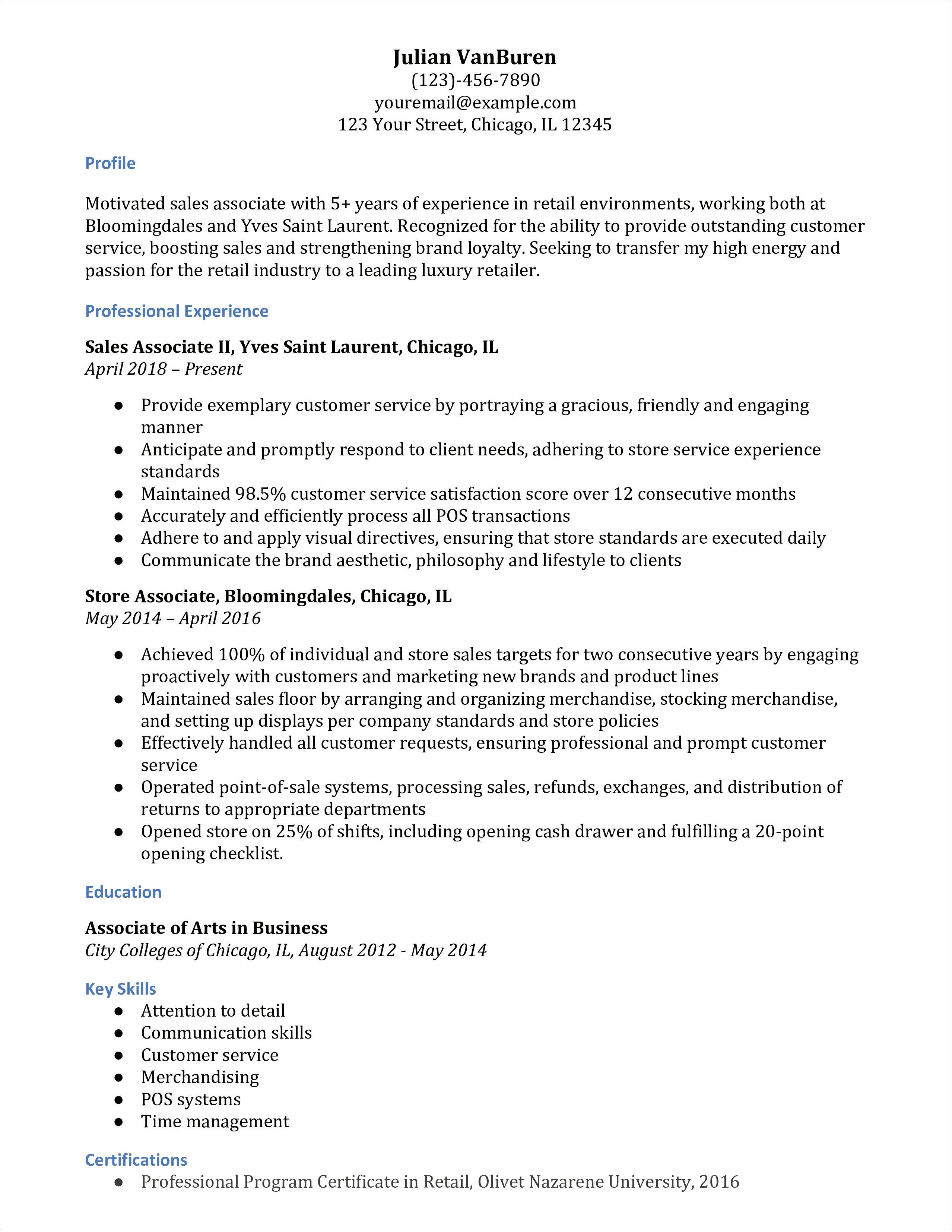 College Student Resume Examples Sales Associate