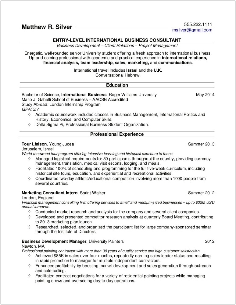 College Student Resume For Internship Template