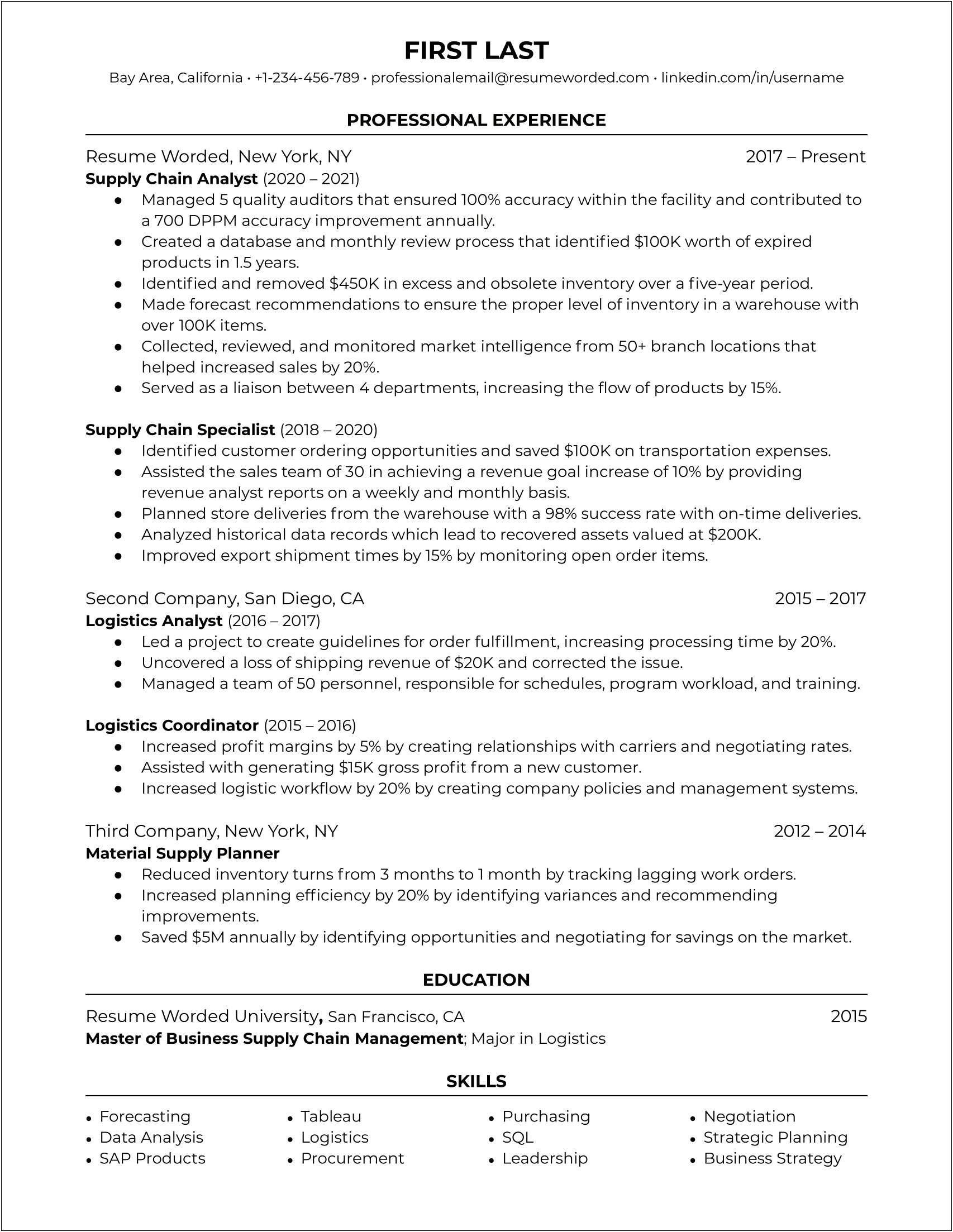 College Student Resume In Suply Chain Managment