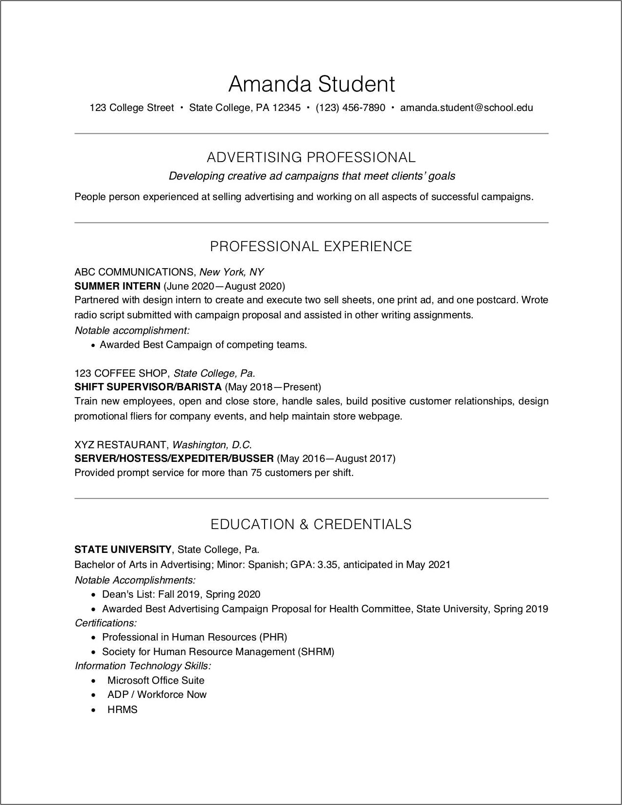 College Student Resume Sample Objective