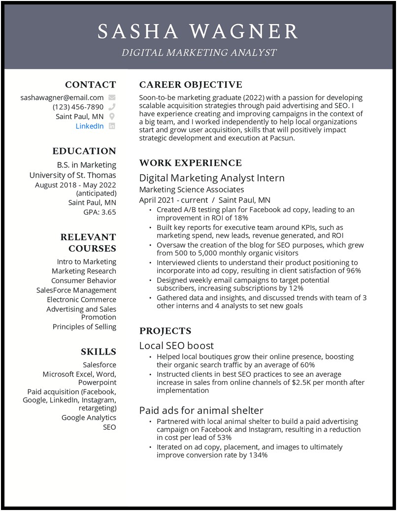 College Student Resume With One Job