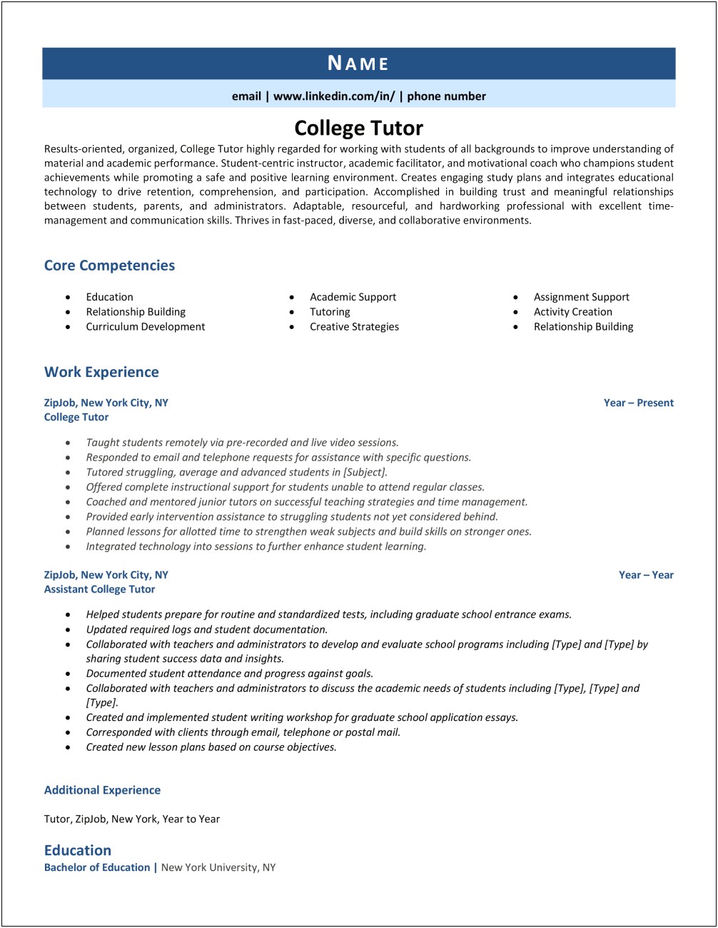 College Tutor Job Description For Resume