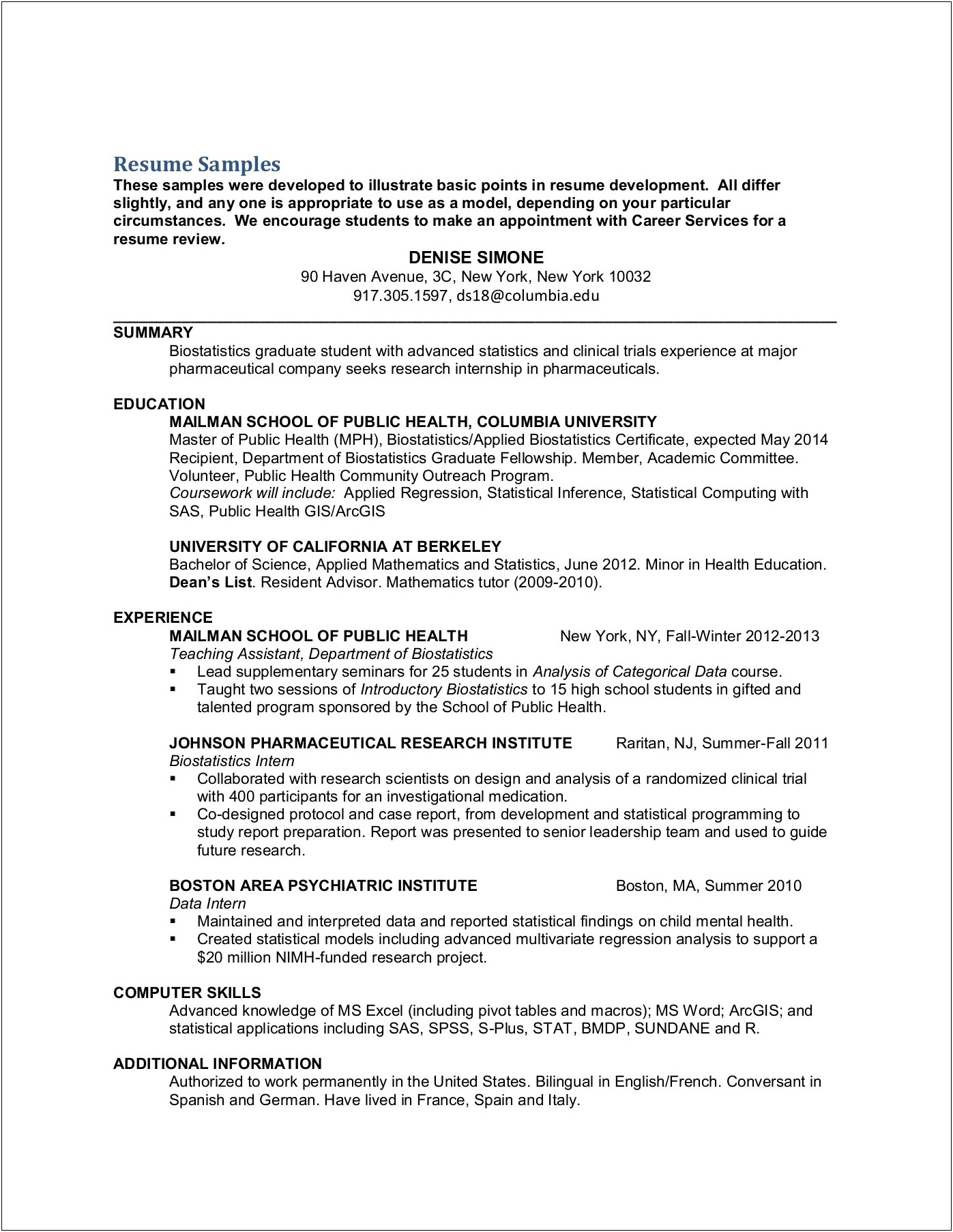 Columbia Research Presentation In Resume Sample
