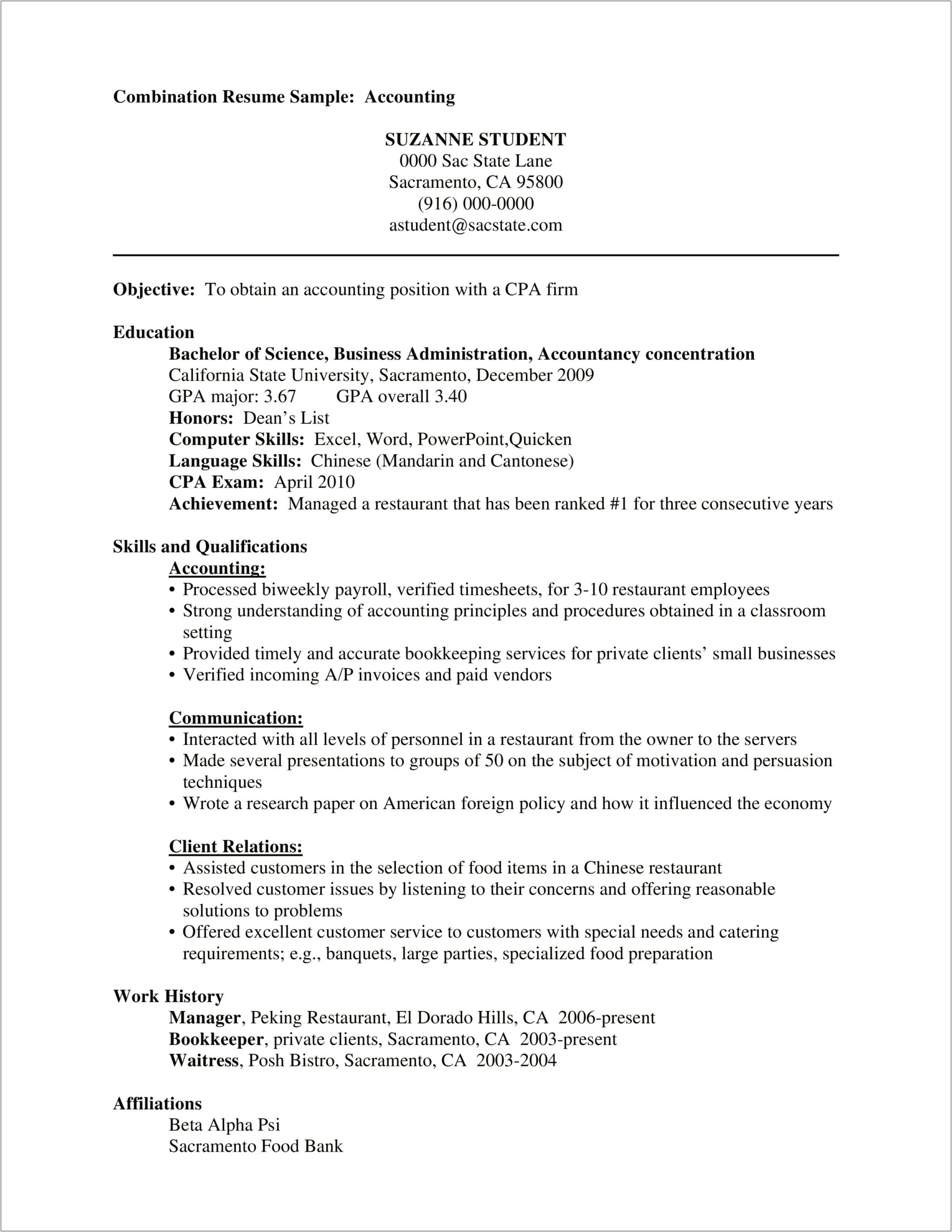 Combination Resume Sample For Students