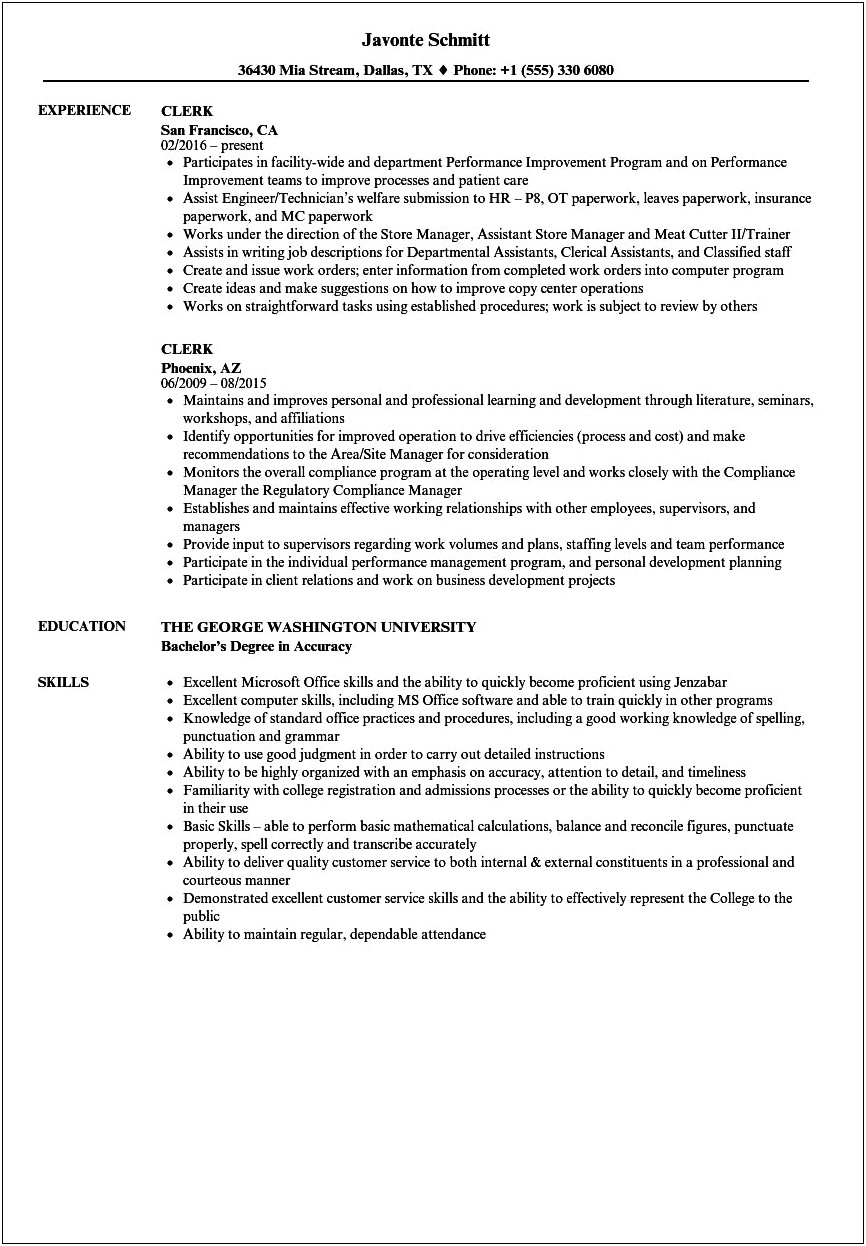 Combination Resume Sample From Bar Tender To Clerical