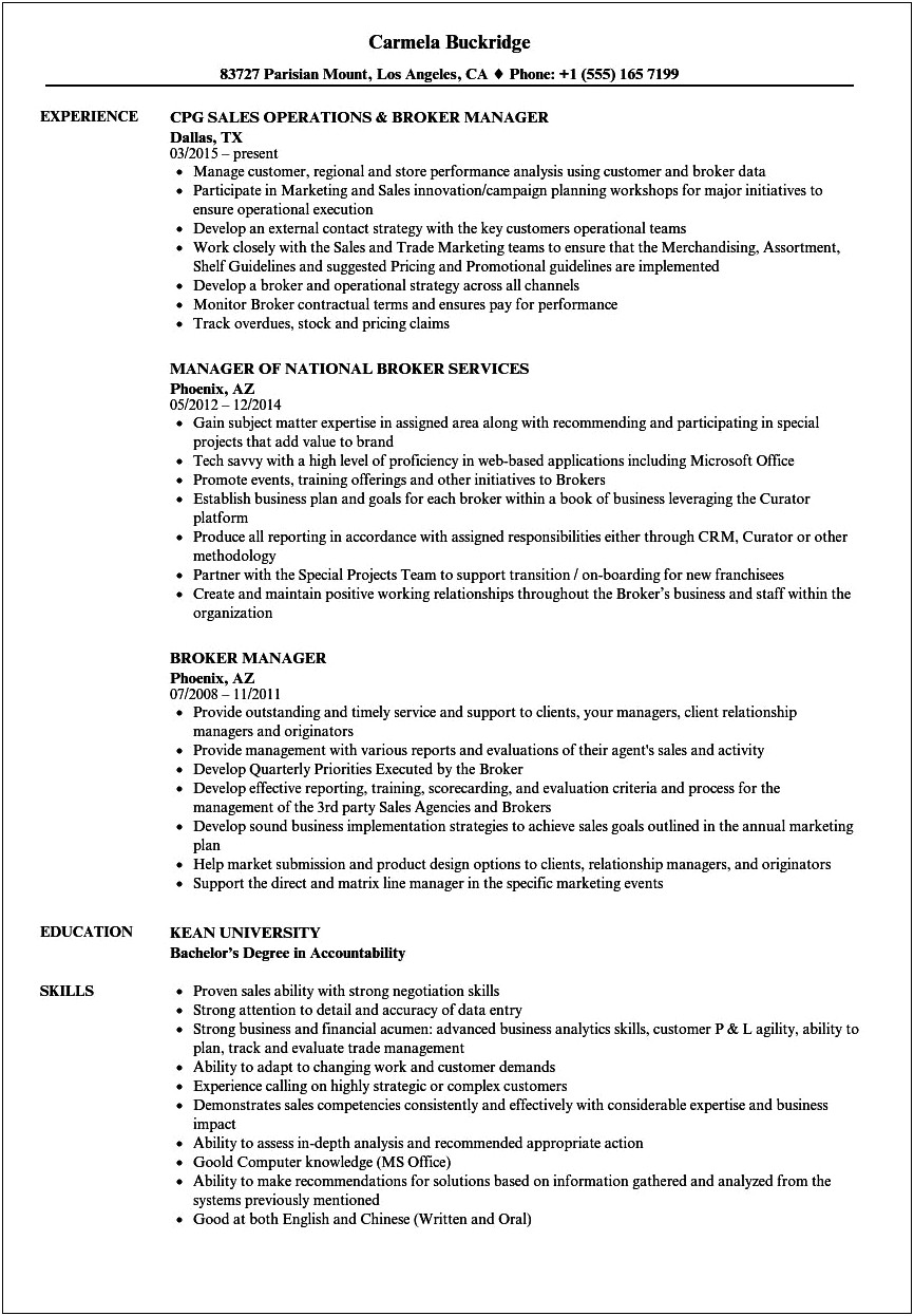 Commercial Broker Job Description Resume