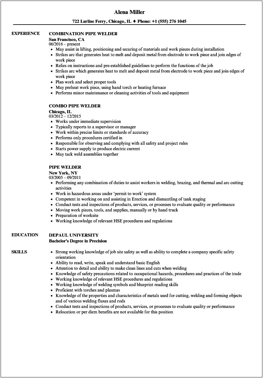 Commercial Diver And Welding Resume Sample