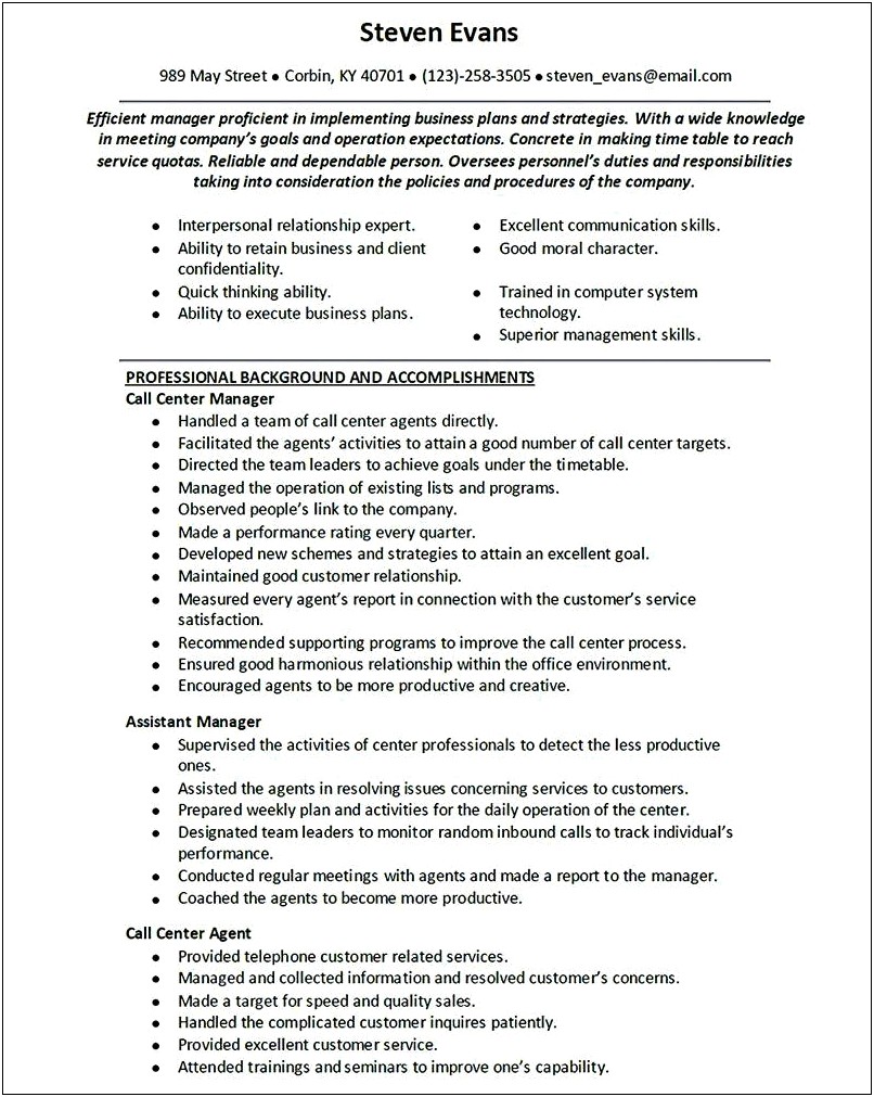 Commercial Manager Convention Center Resume