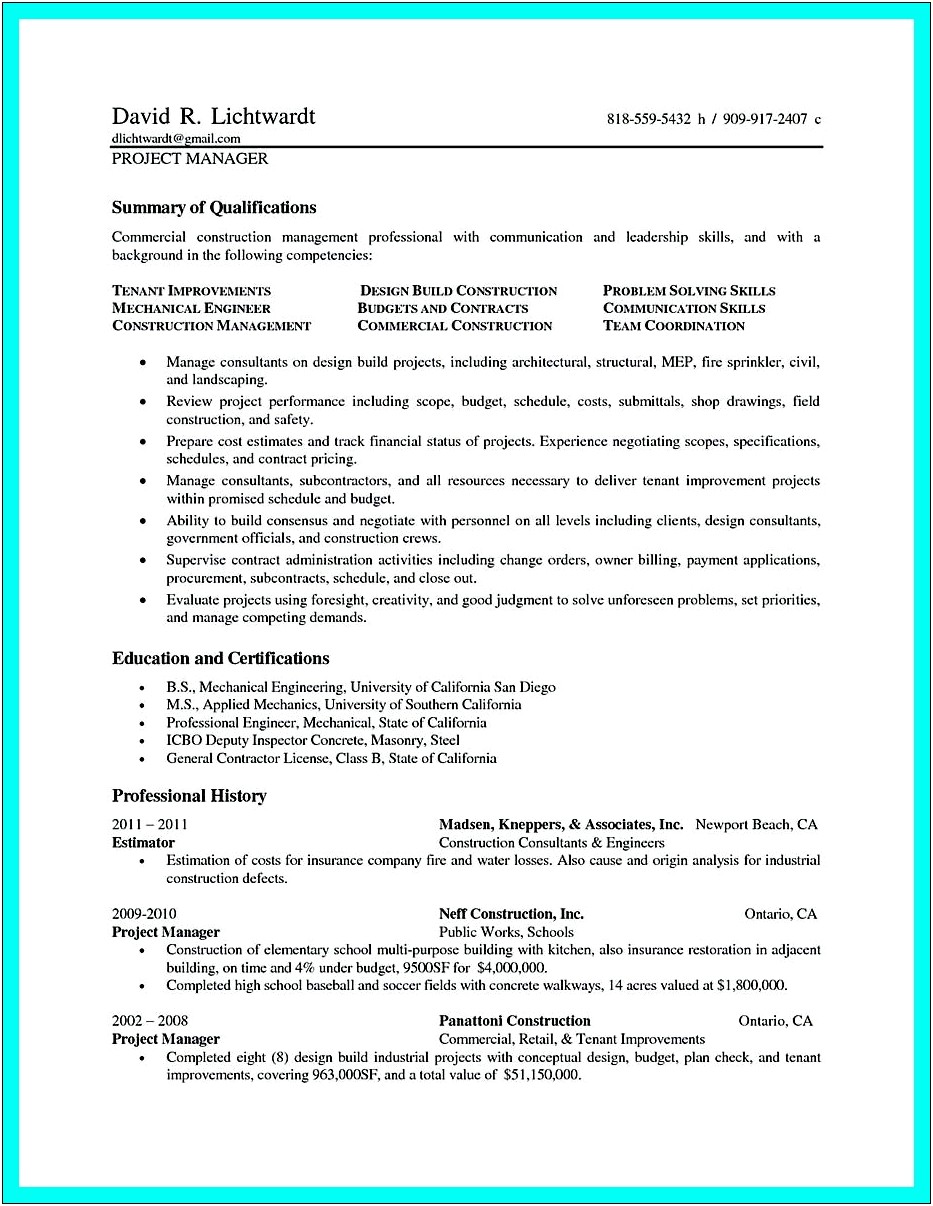 Commercial Project Management Skills Resume