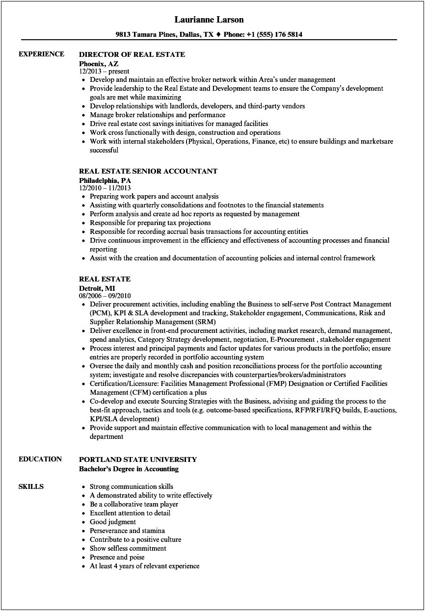 Commercial Real Estate Investment Resume Samples