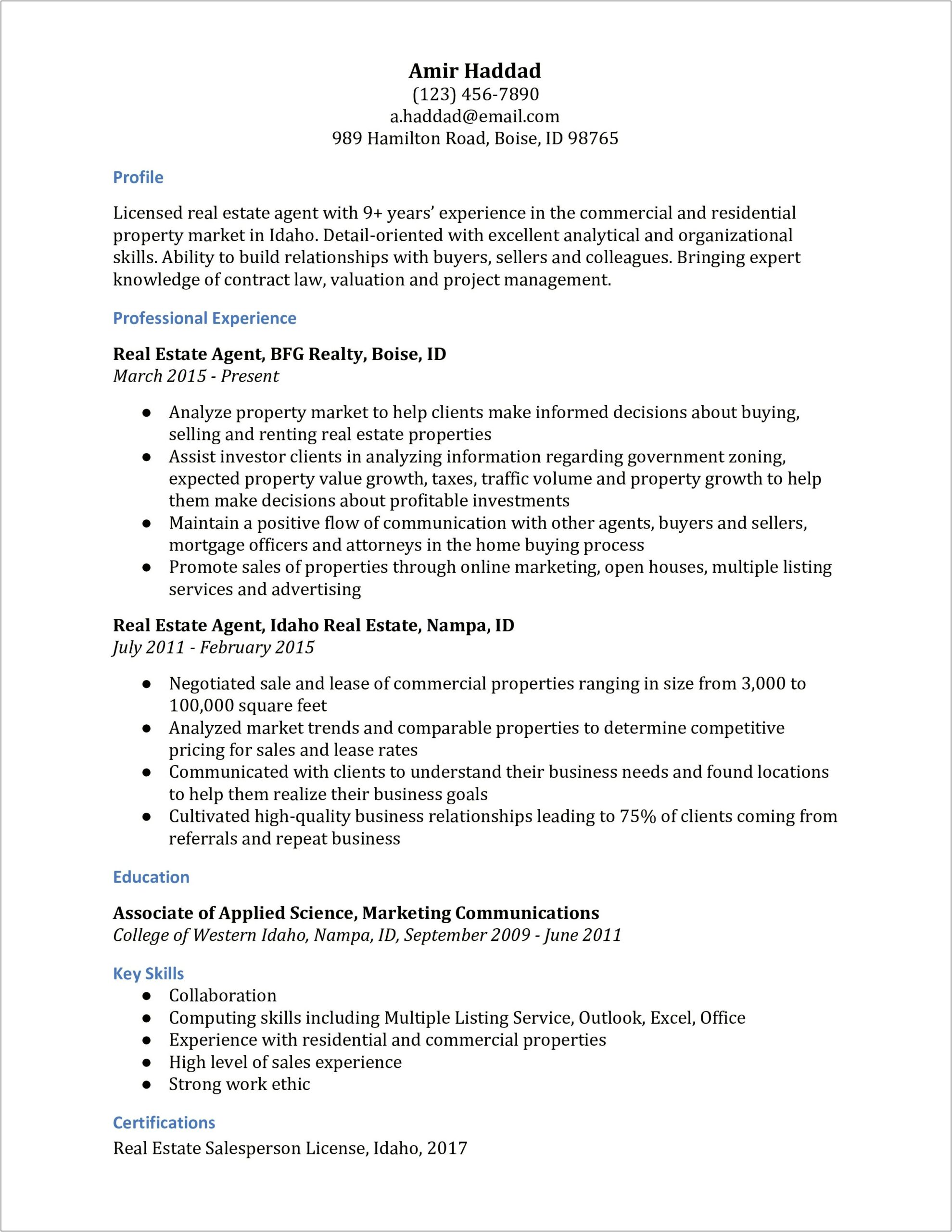 Commercial Real Estate Manager Resume