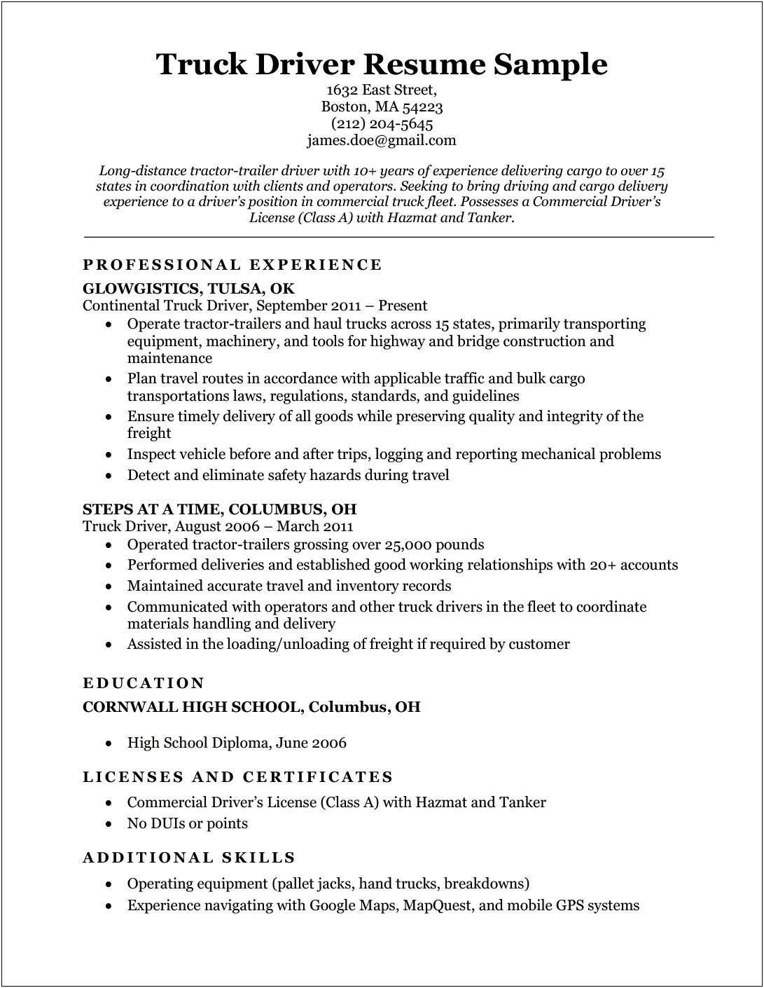 Commercial Truck Driver Resume Examples