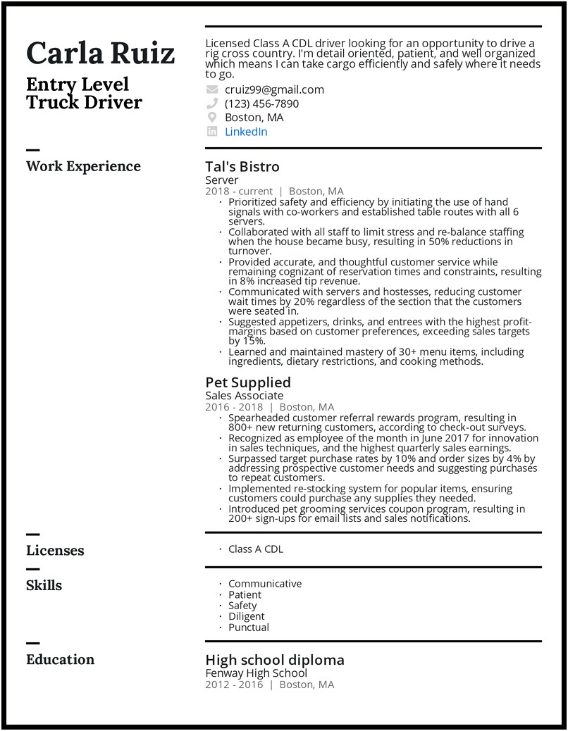 Commercial Truck Driver Sample Resume
