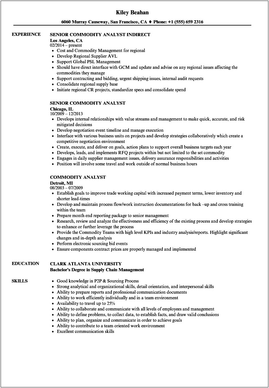Commodity Research Analyst Sample Resume