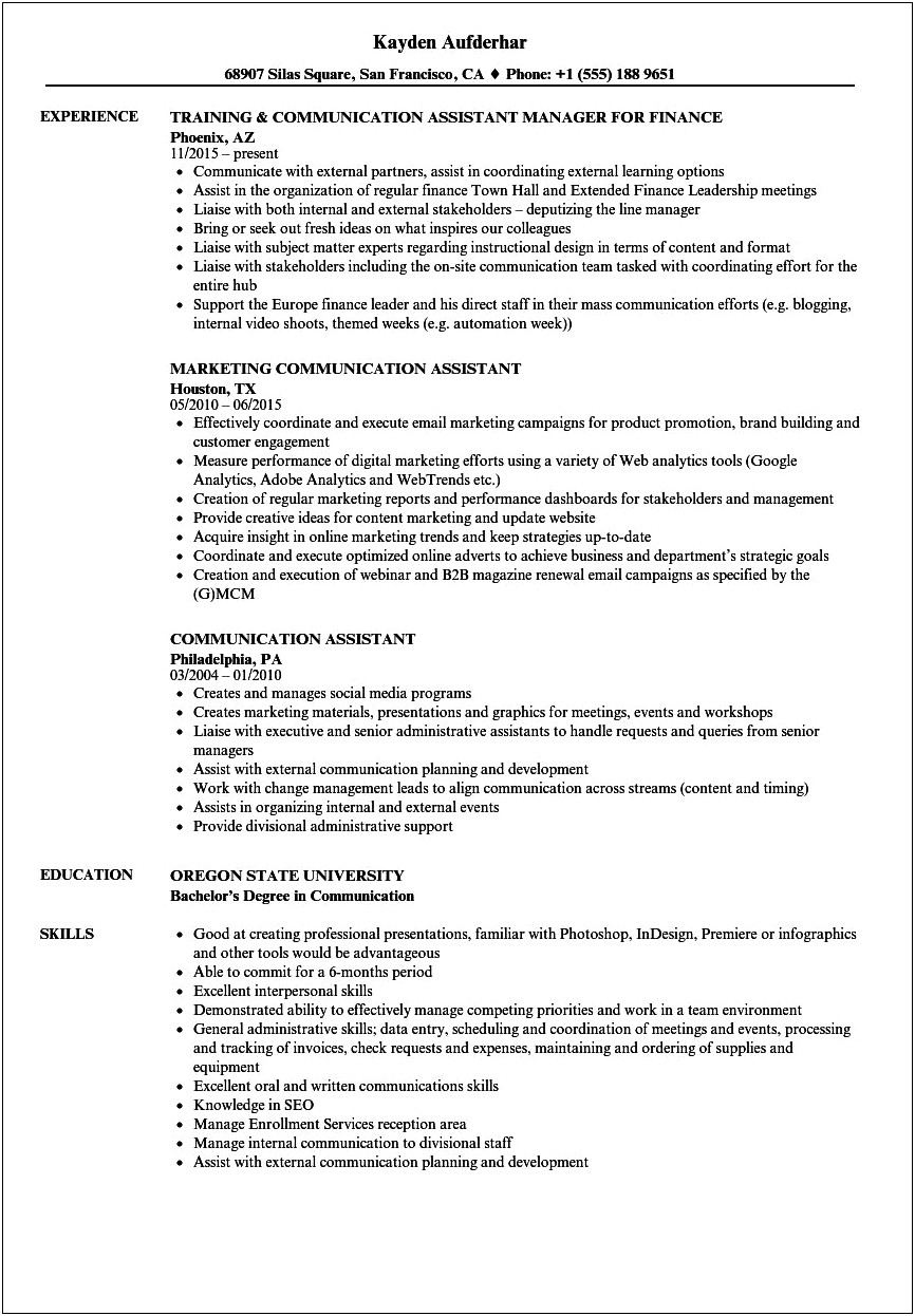 Communication Assistant Job Description Resume