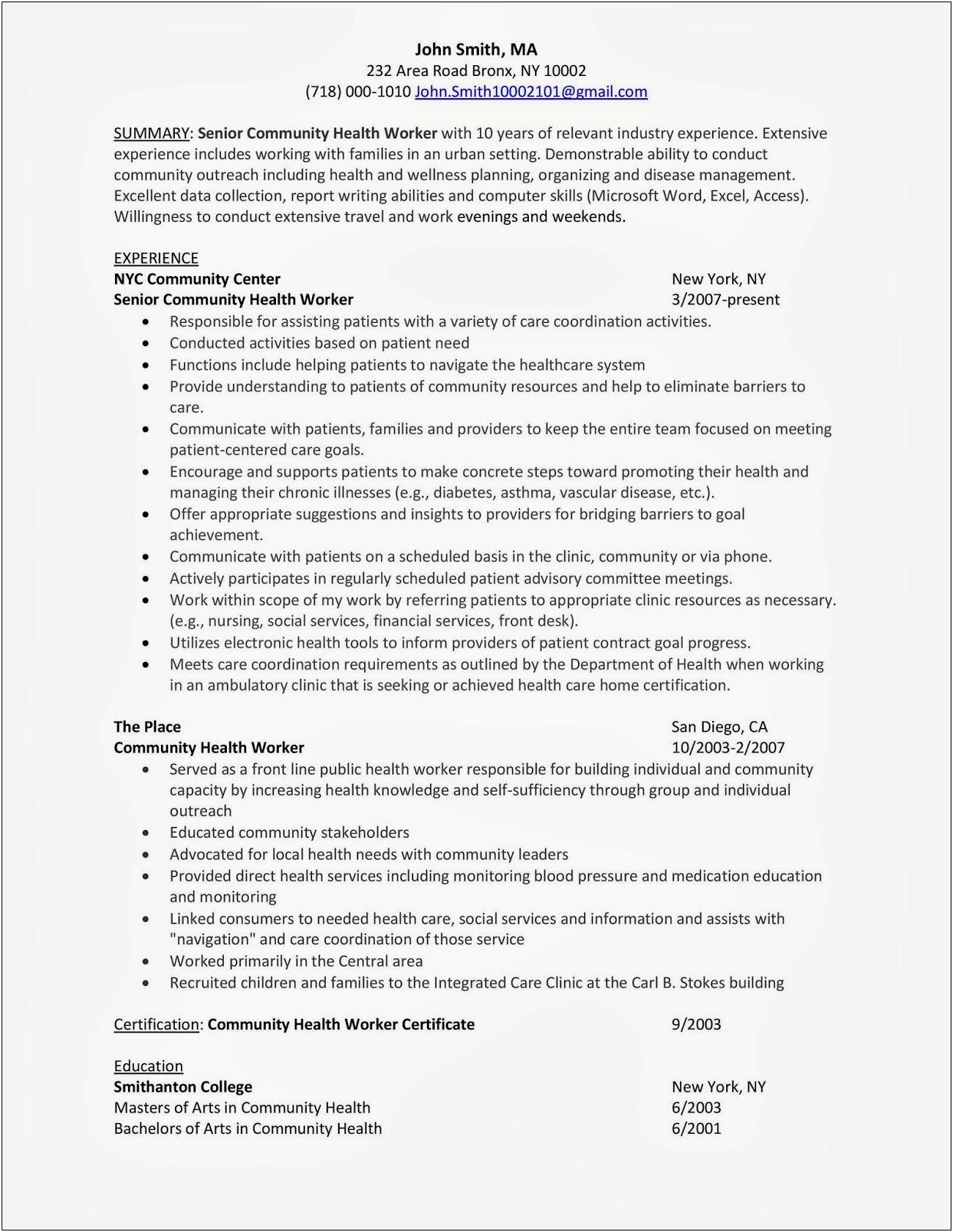 Community Health Care Worker Resume Profile Resume Sample