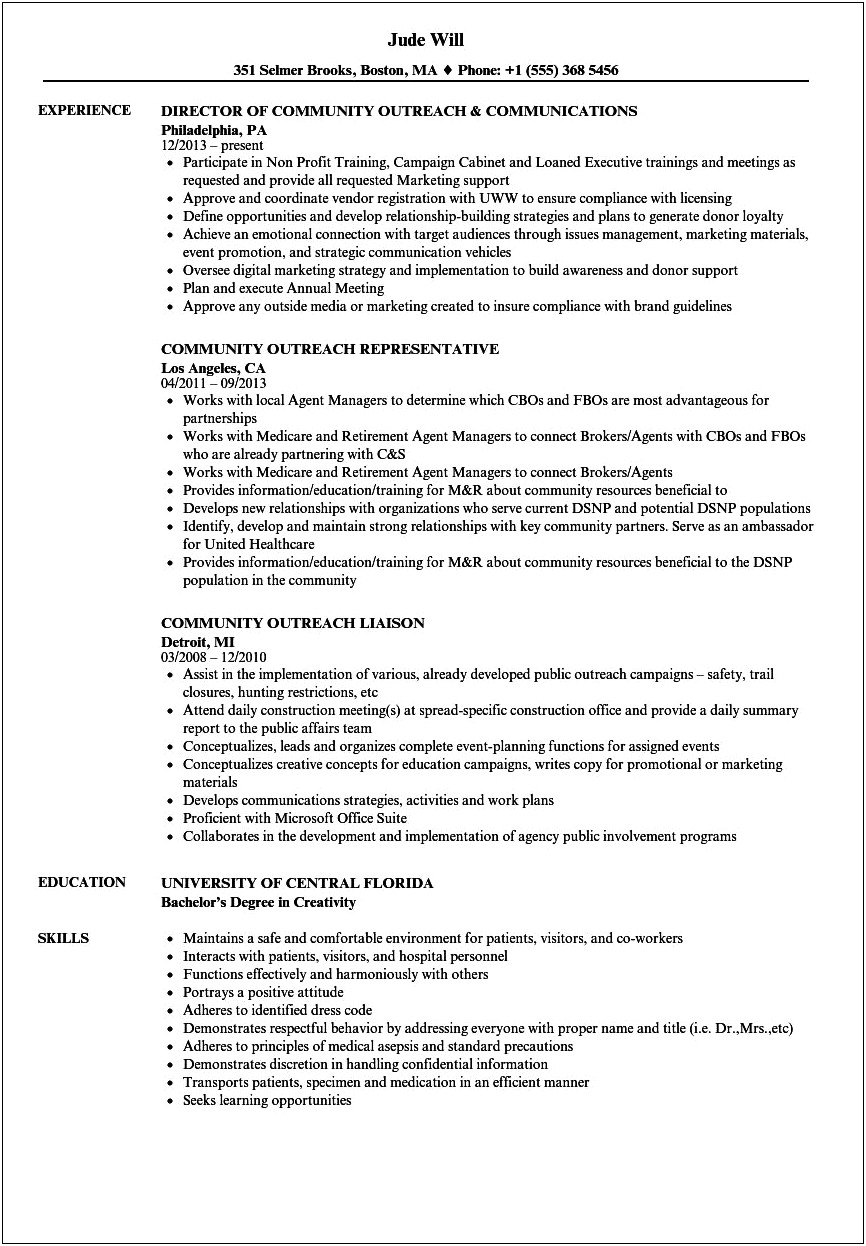 Community Outreach Specialist Resume Sample