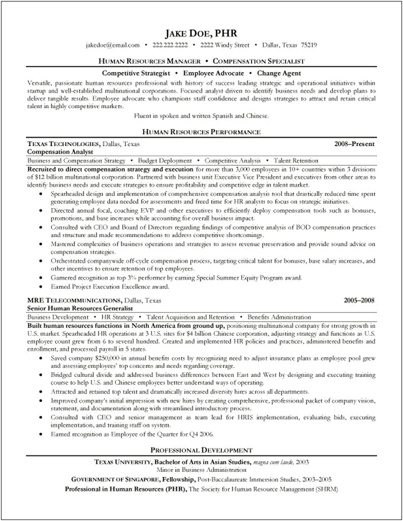 Compensation And Benefits Specialist Resume Sample