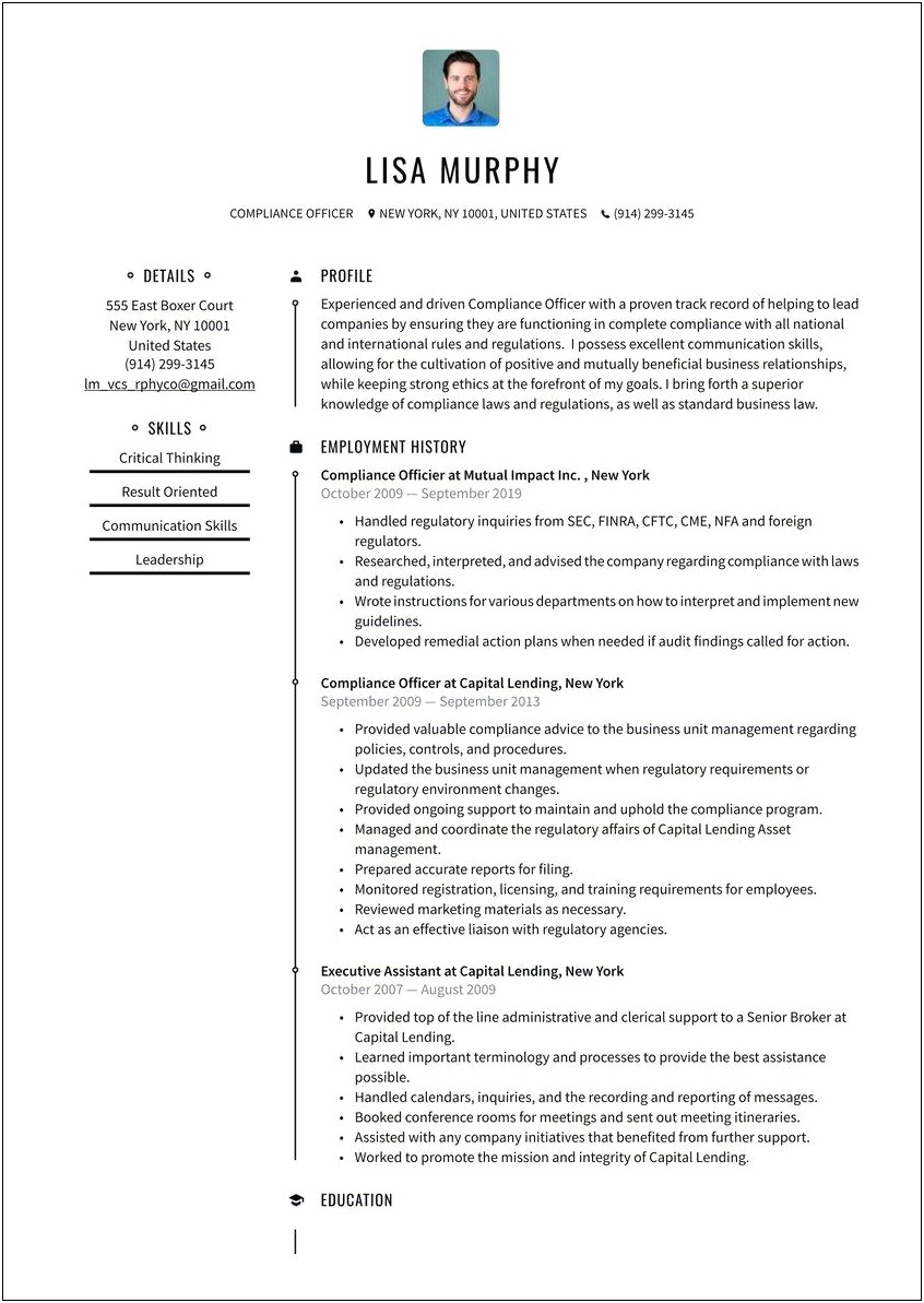 Compliance Analyst Resume Job Description