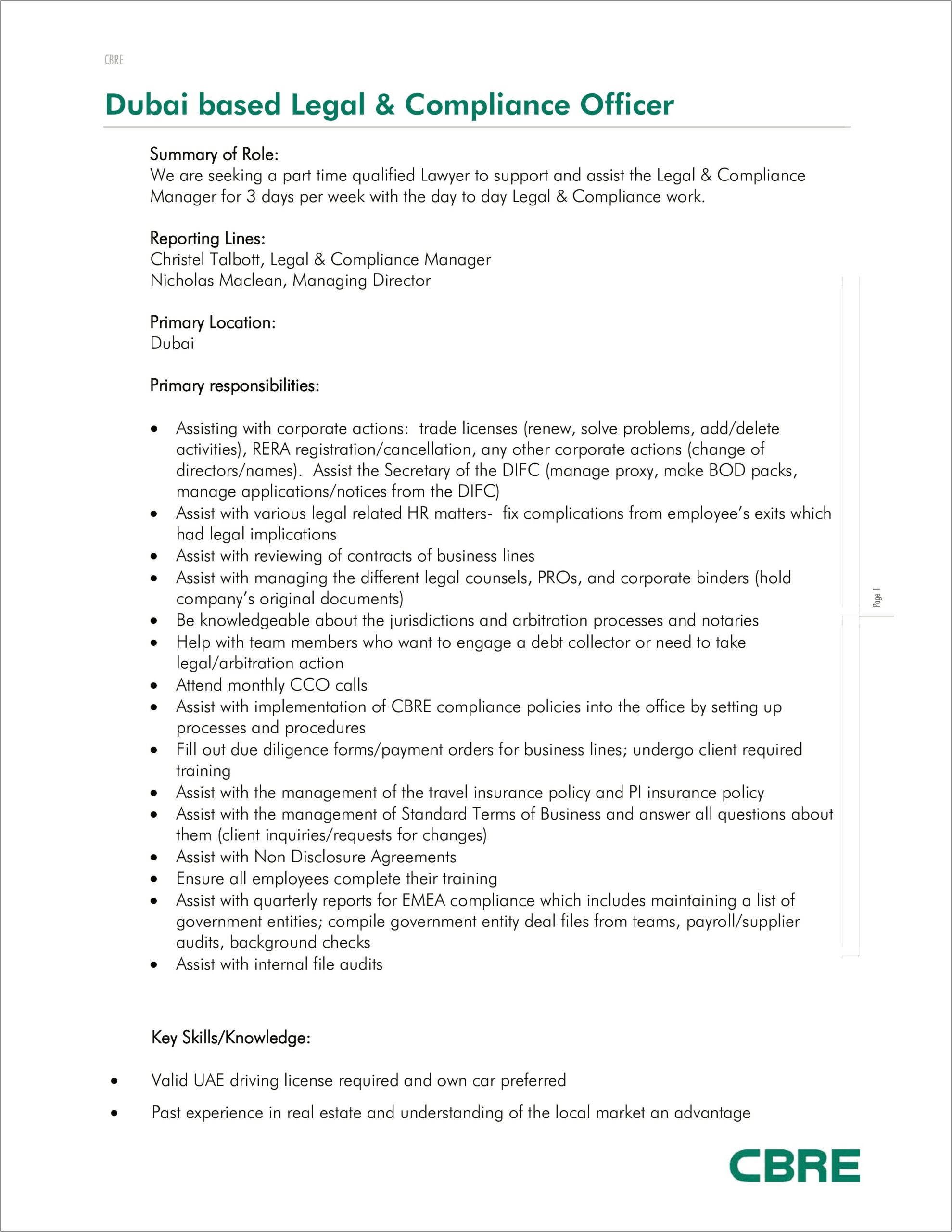 Compliance Officer Job Description Resume