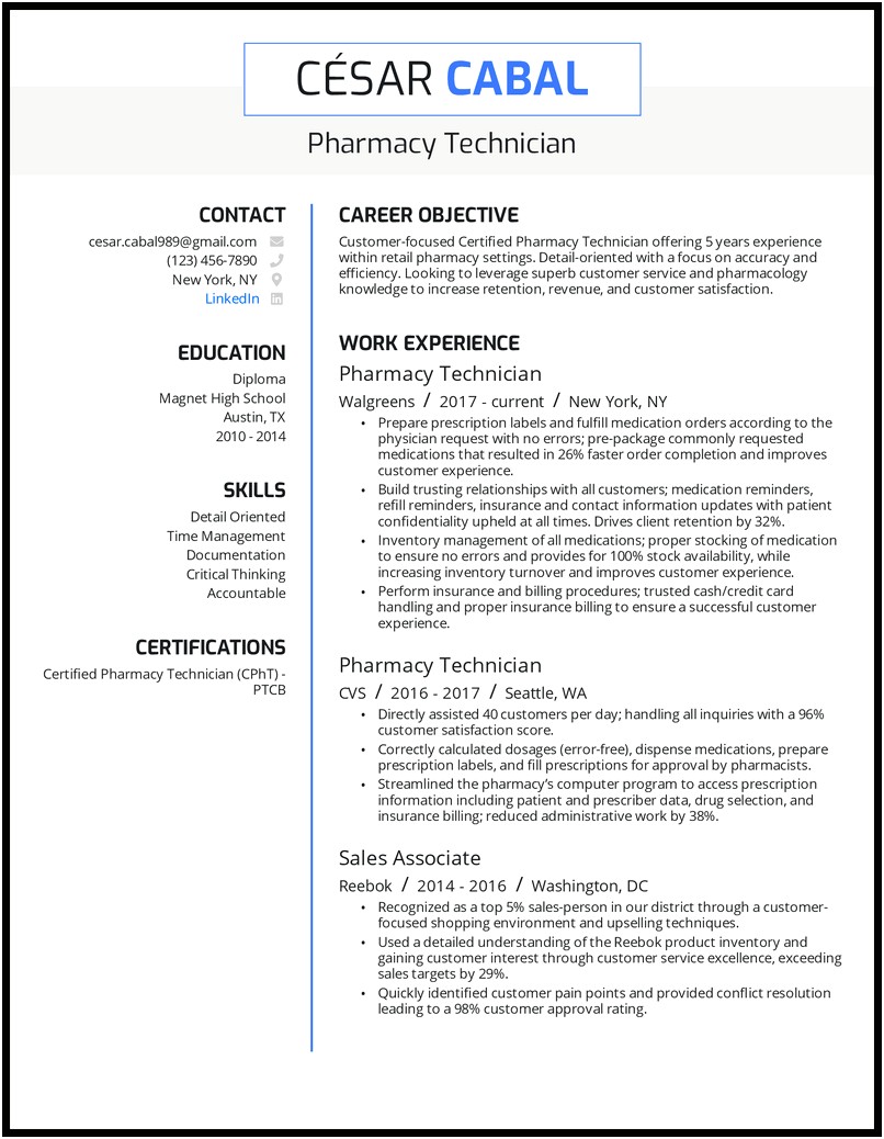 Compounding Pharmacy Technician Resume Sample