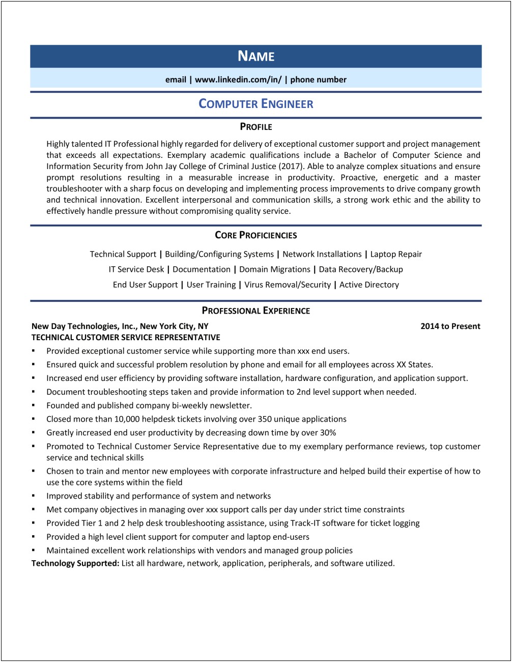 Computer Engineer Sample Resume For