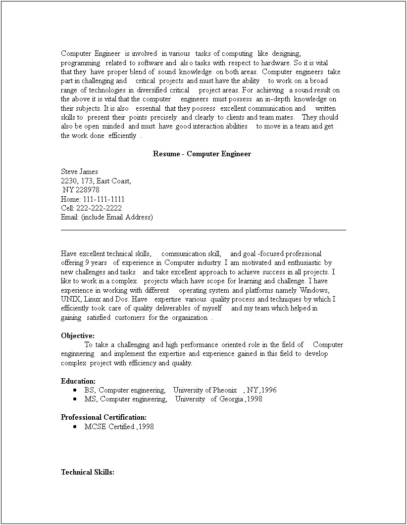 Computer Engineering Objective For Resume