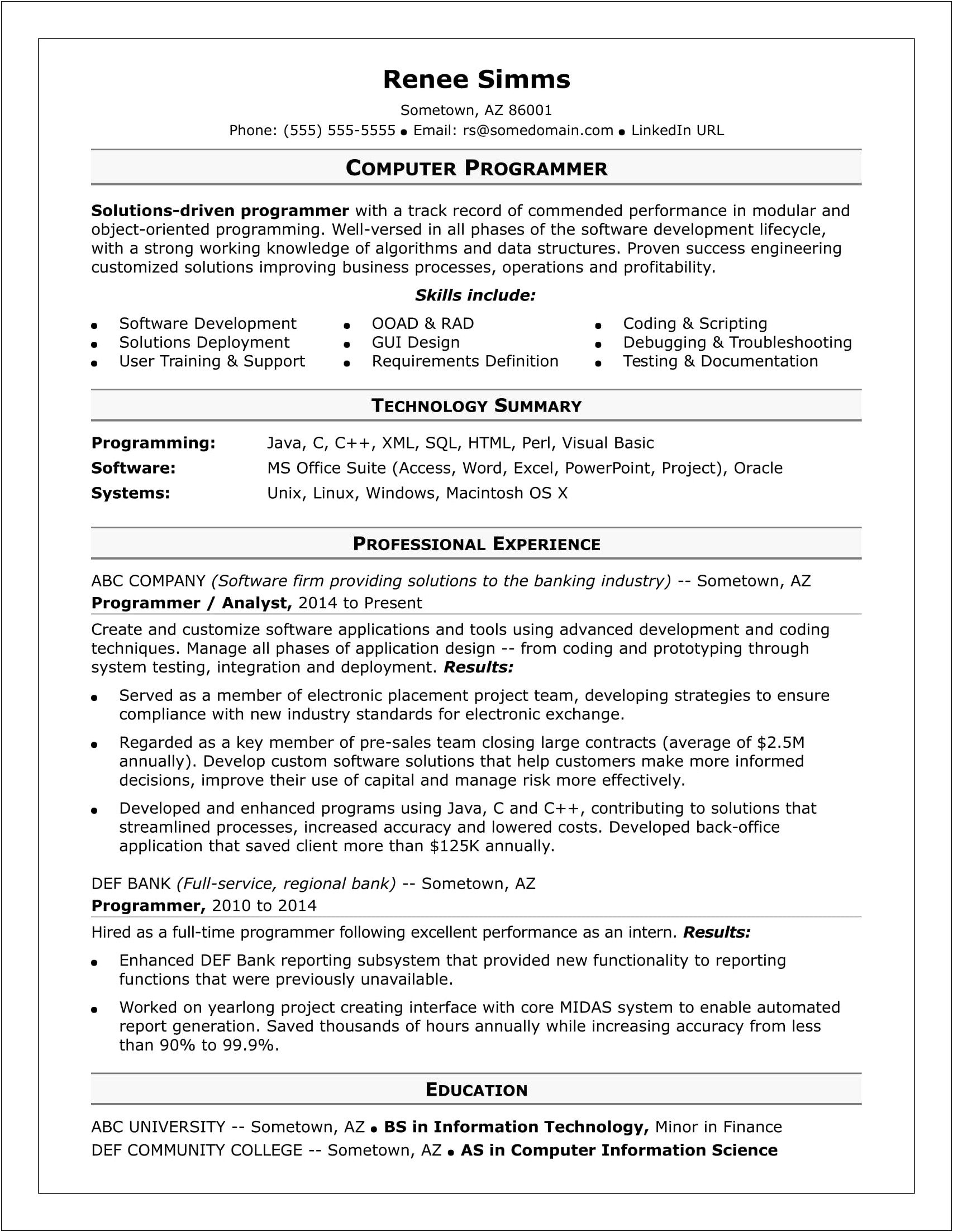 Computer Information Systems Resume Sample