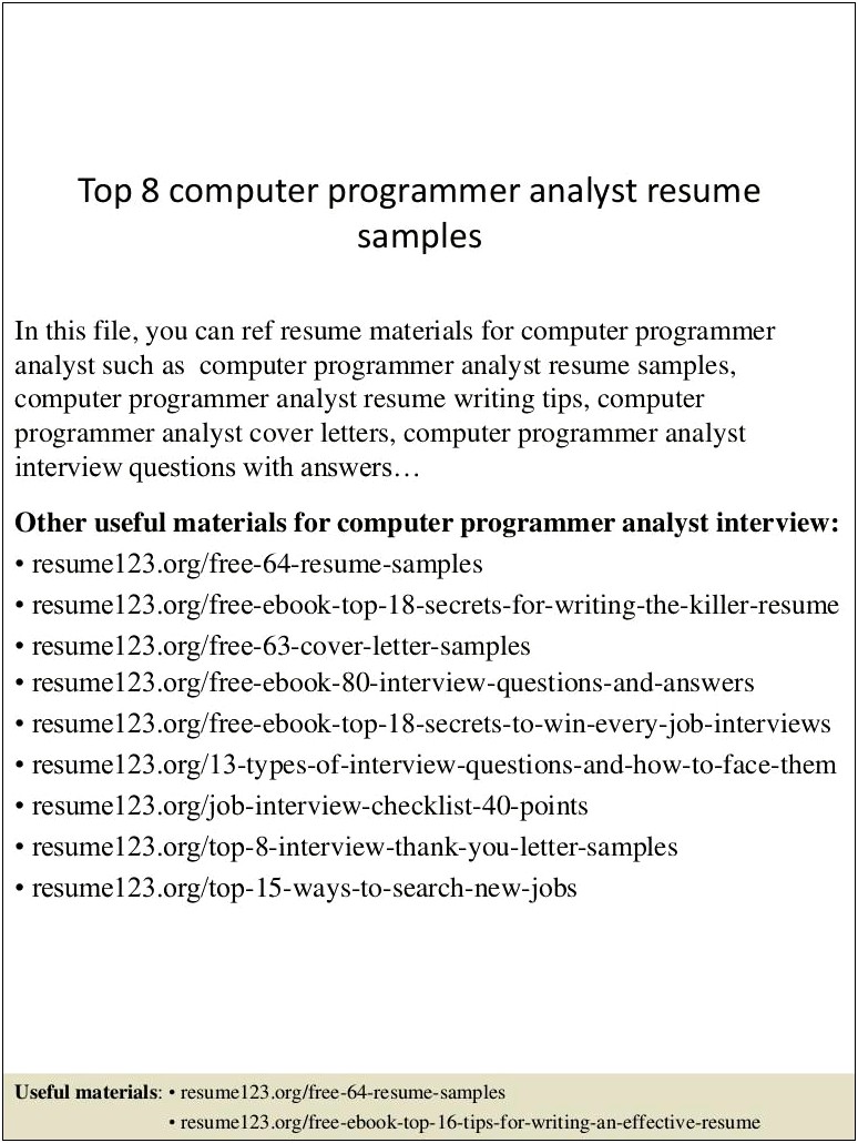Computer Programmer Analyst Resume Sample