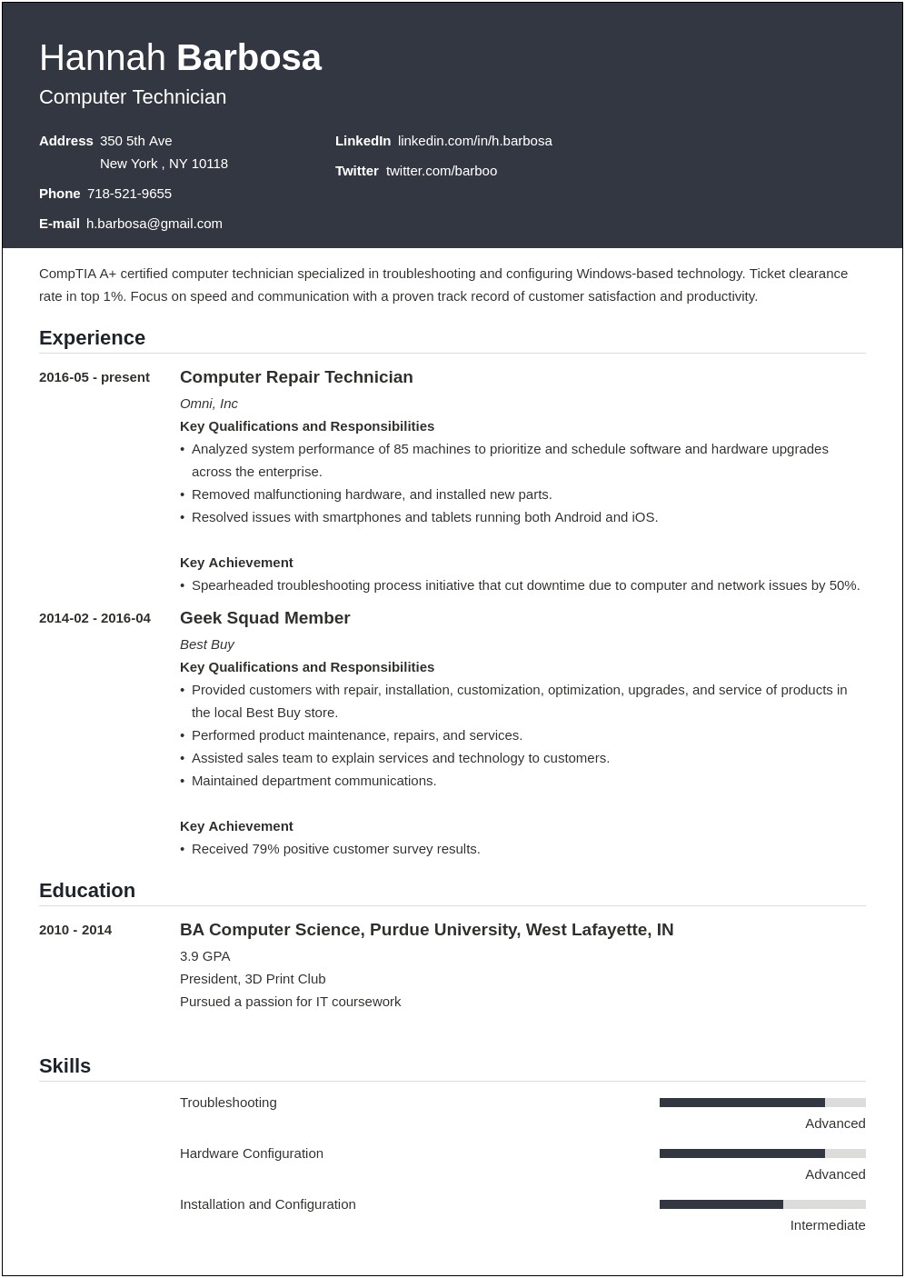 Computer Repair Technician Job Description Resume