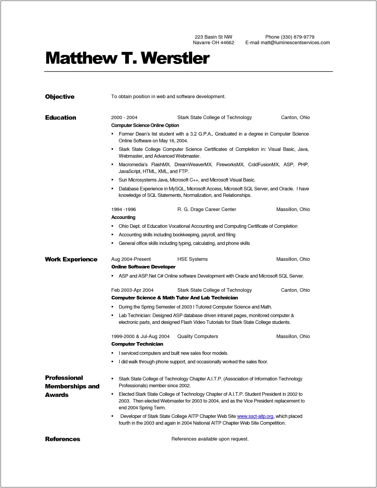 Computer Science Bachelors Sample Resume