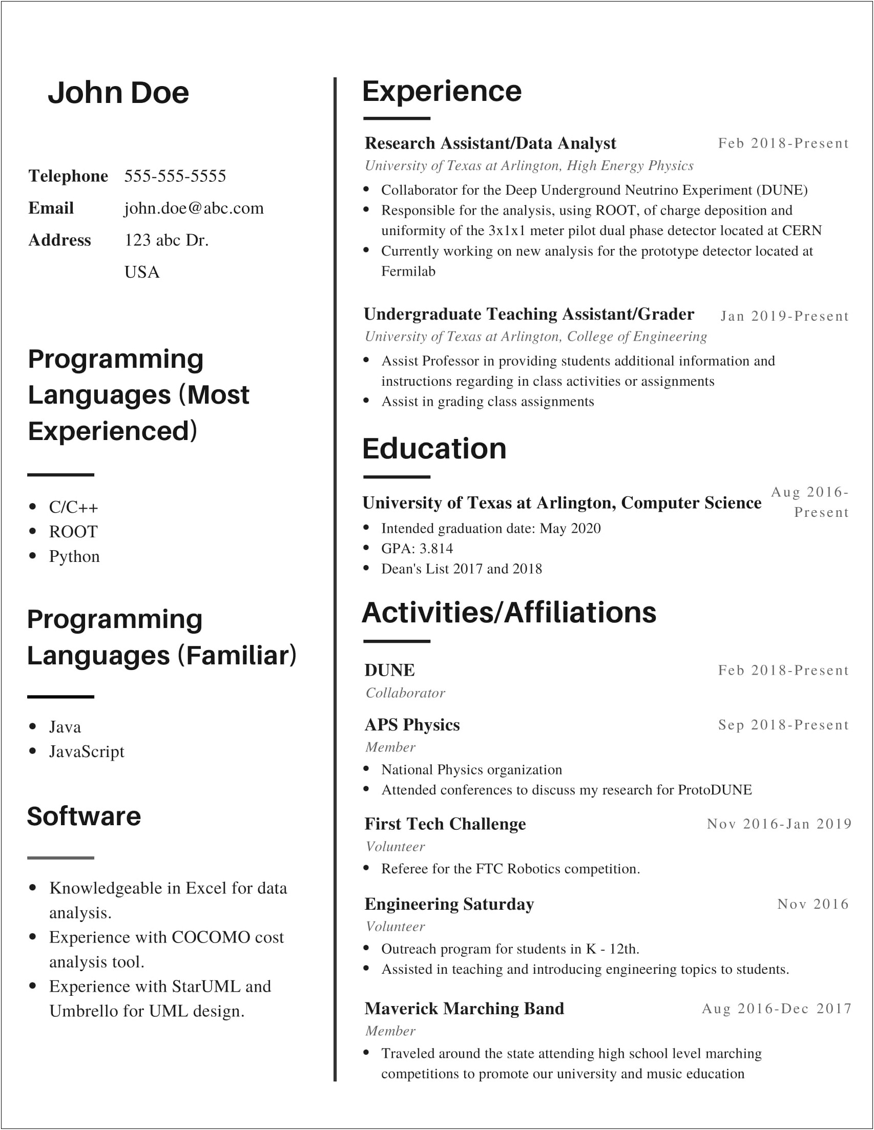 Computer Science Graduate Resume Example