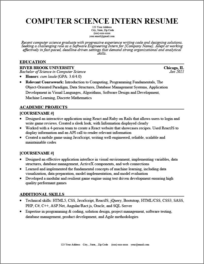 Computer Science Internship Resume Example