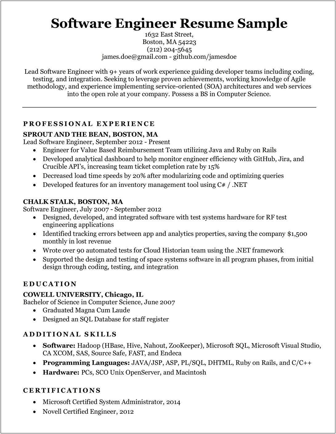 Computer Science Professional Resume Sample