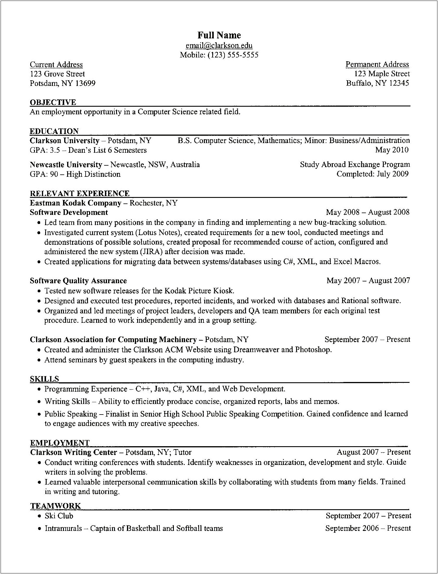 Computer Science Resume Sample For Industry