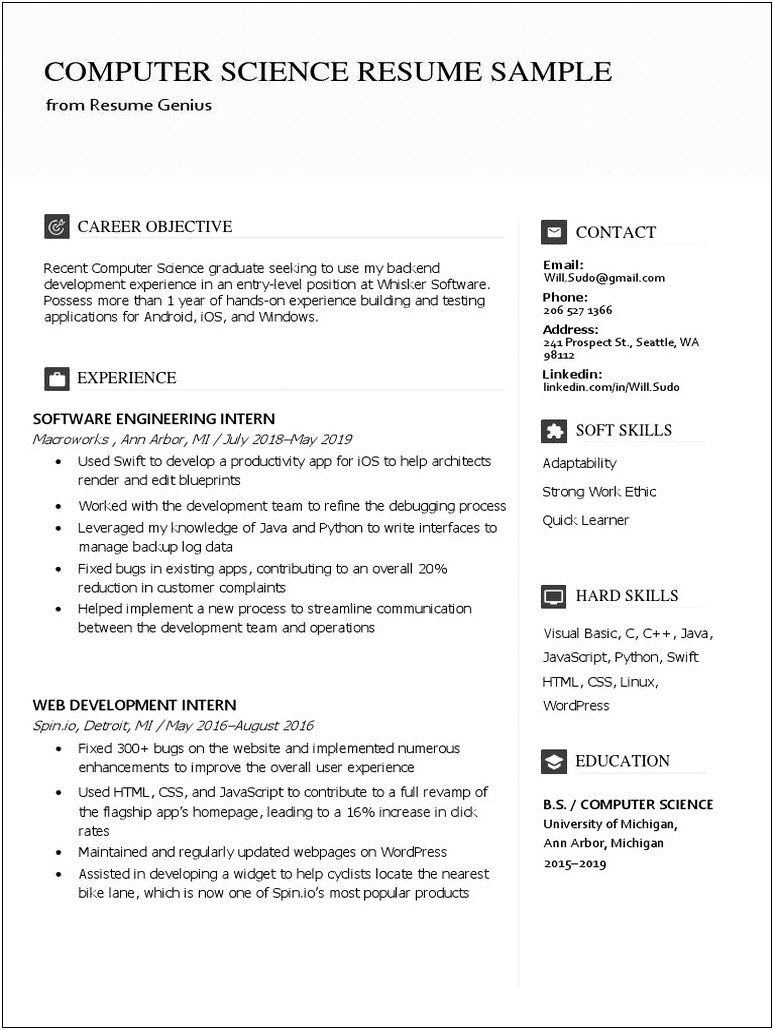 Computer Science Resume Sample Objective